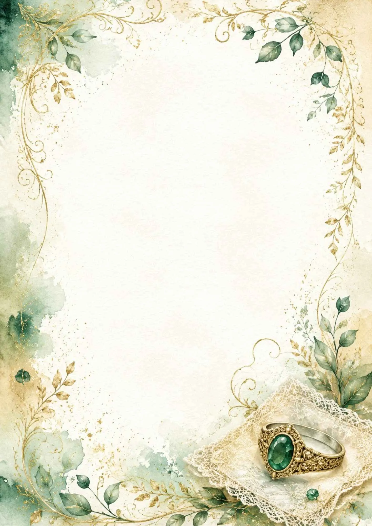 A watercolor writing page depicting a vintage gold ring with a large oval emerald stone, sitting on a white lace handkerchief with green leaves.