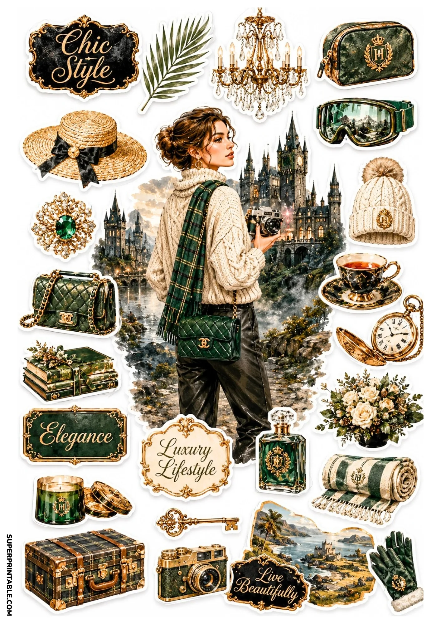 Emerald green sticker sheet displaying a fashion model in front of a castle, green quilted purse, gold chandelier, and books.