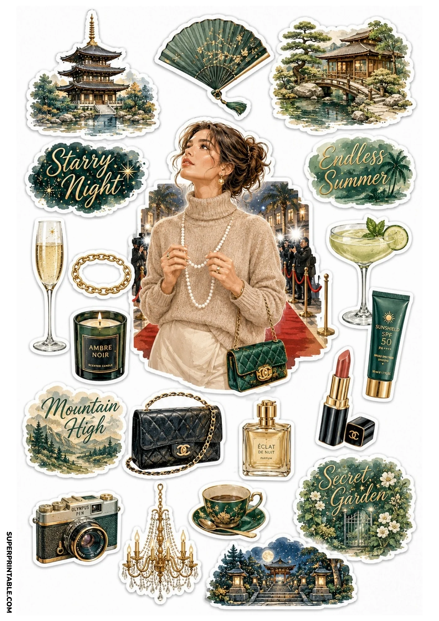 Emerald green sticker sheet with a traditional pagoda temple, green folding hand fan, vintage camera, tea cup, quilted handbag, and crystal chandelier.
