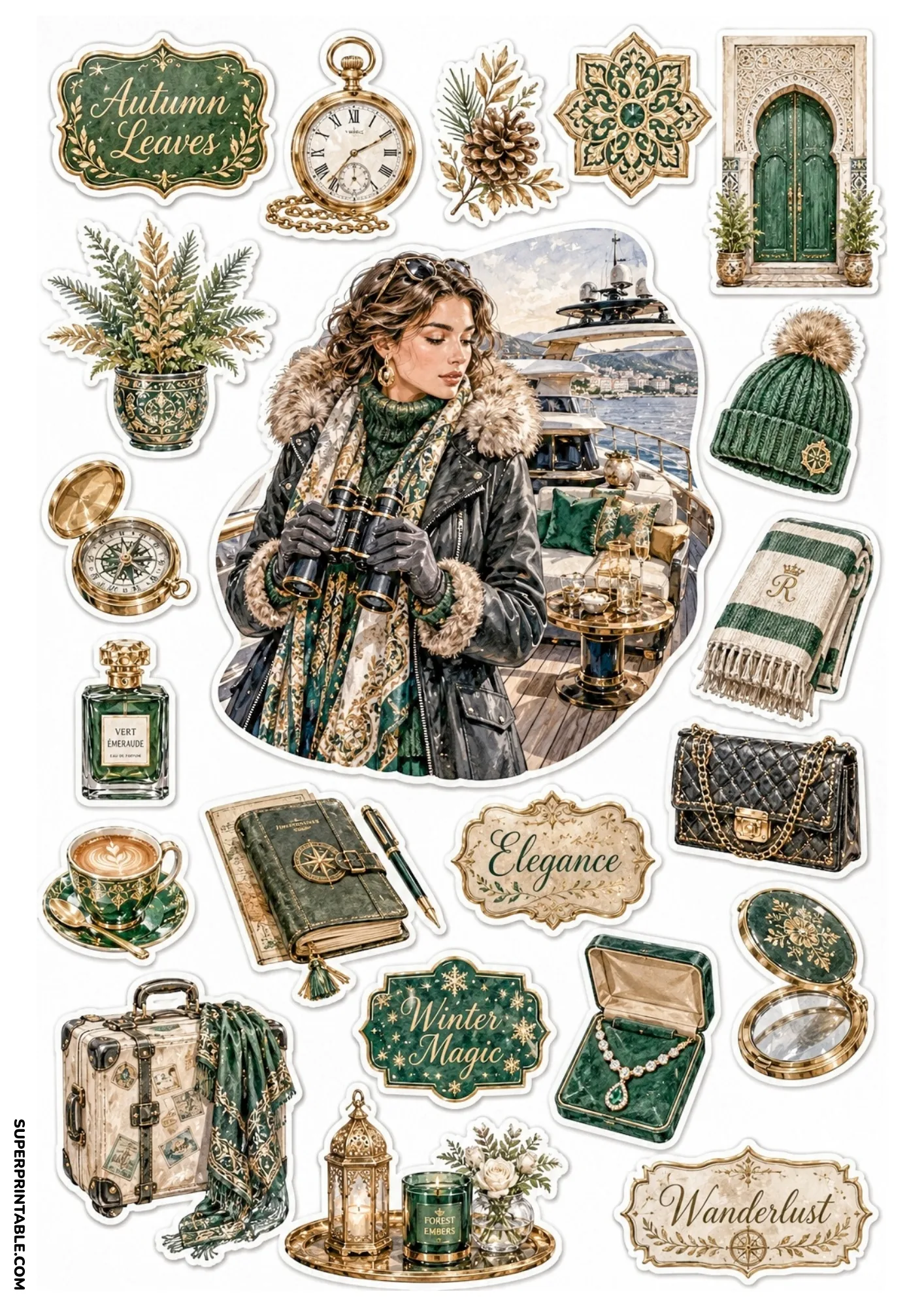 Printable sticker sheet in emerald green and gold, featuring a woman on a yacht deck, green Moroccan arch, leather journal, and luxury accessories.