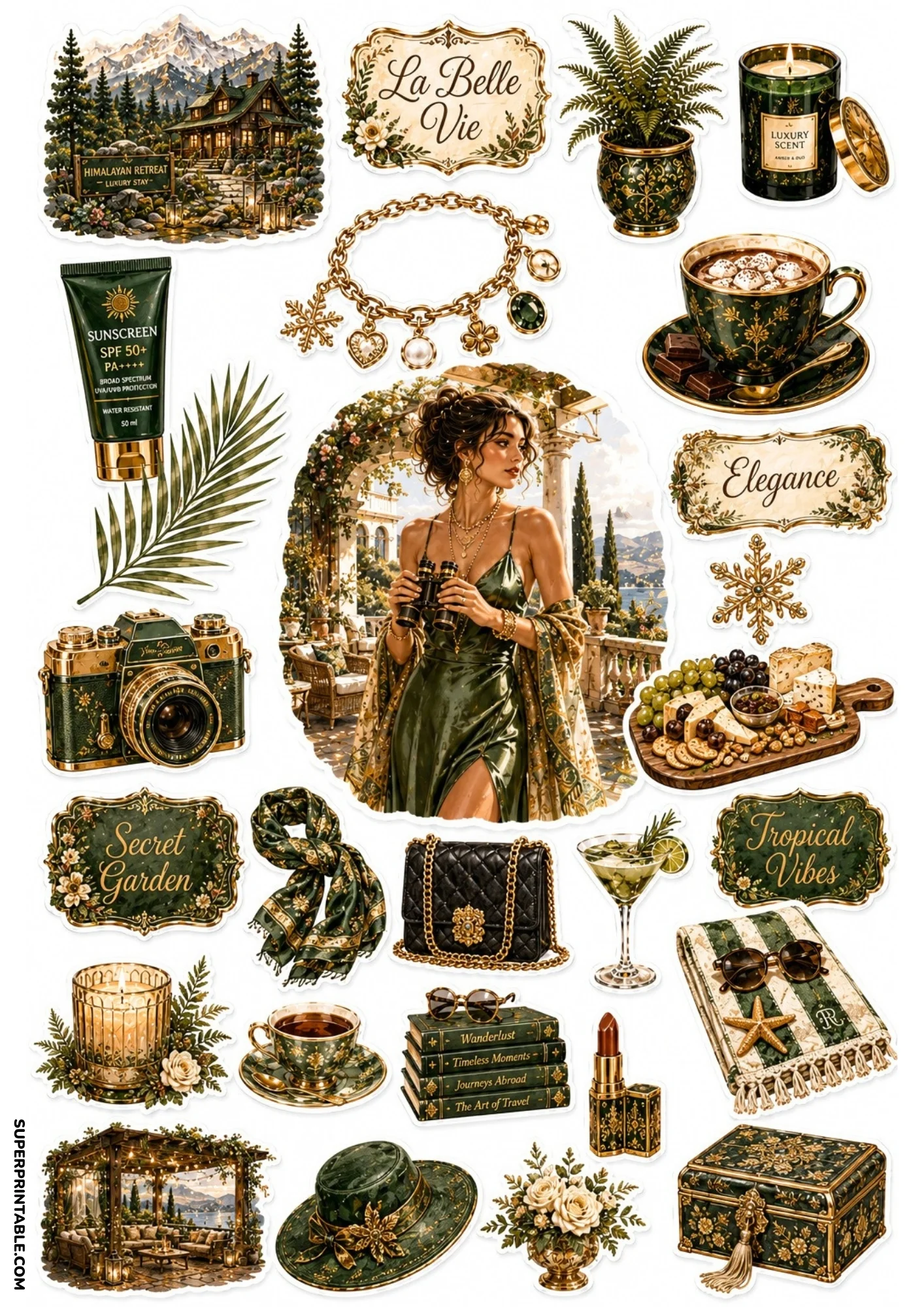 Sticker sheet in emerald green featuring a woman holding binoculars on a terrace, cheese board, black quilted bag, green camera, and sunhat.