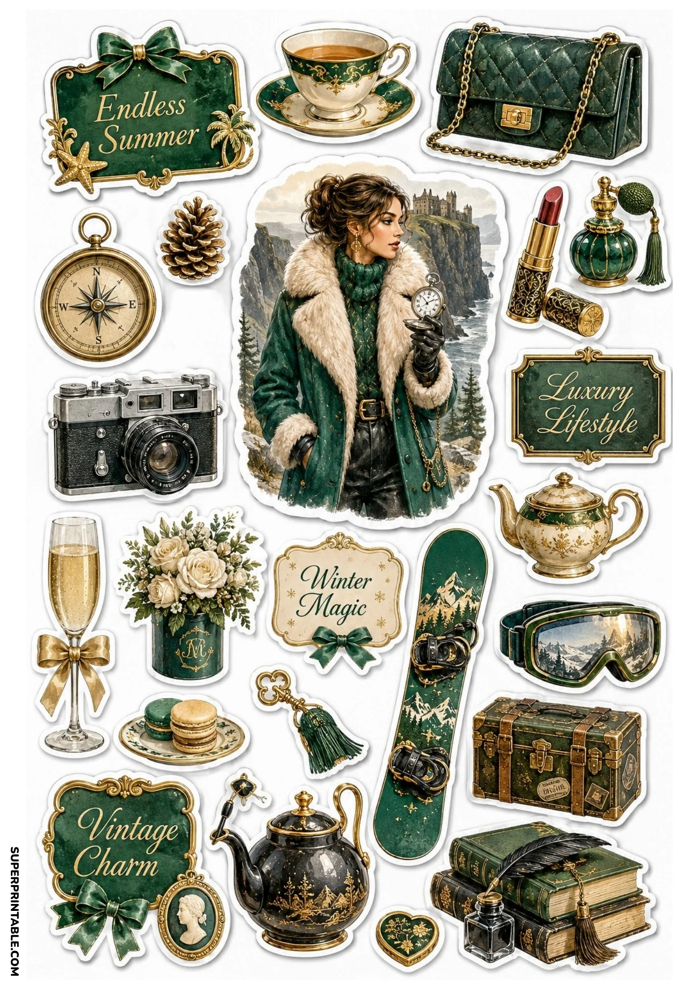 Sticker sheet in emerald green tones featuring a woman in a fur collar coat, teacups, vintage handbag, snowboard, camera, and floral decorative labels.