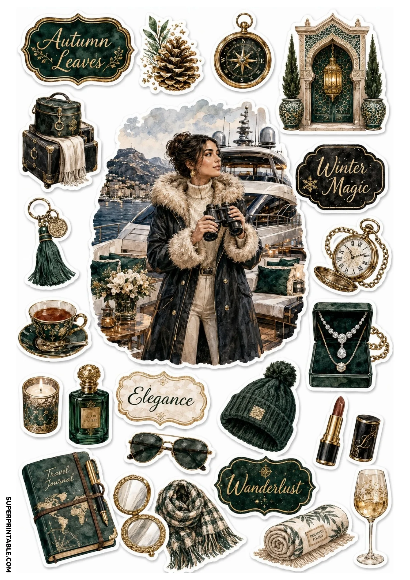 Printable sticker sheet in emerald green and gold featuring a yacht excursion, world map journal, lipstick, and winter accessories.