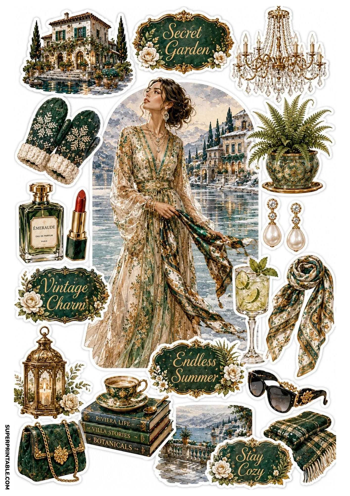 Printable sticker sheet featuring a woman in a green floral dress by a mountain lake, brass chandelier, potted fern, green stack of books, and crystal glass.