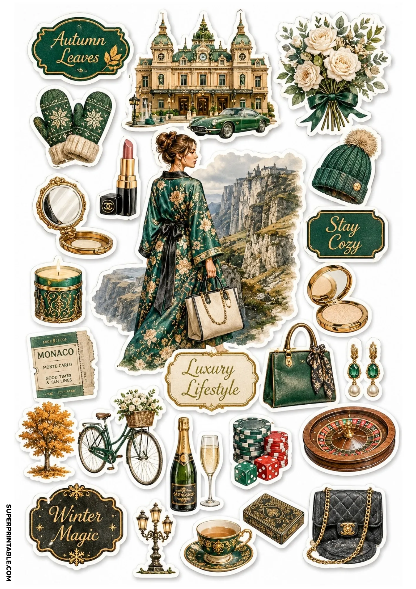 Printable sticker sheet featuring a woman in a green floral robe, Monte Carlo Casino, roulette wheel, poker chips, and luxury accessories.