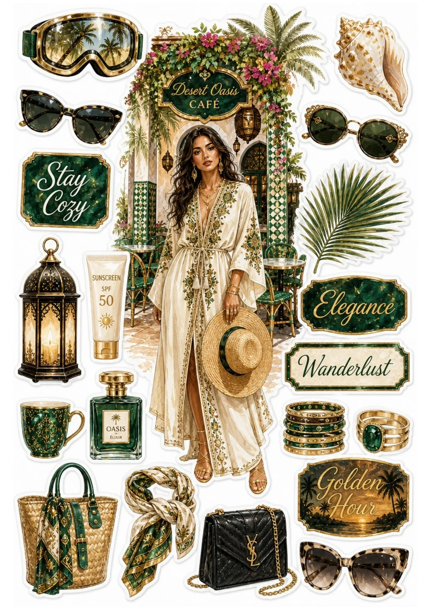 Printable sticker sheet featuring a woman in an embroidered resort caftan outside a cafe, with sunscreen SPF 50, green perfume, straw bag, and palm leaves.