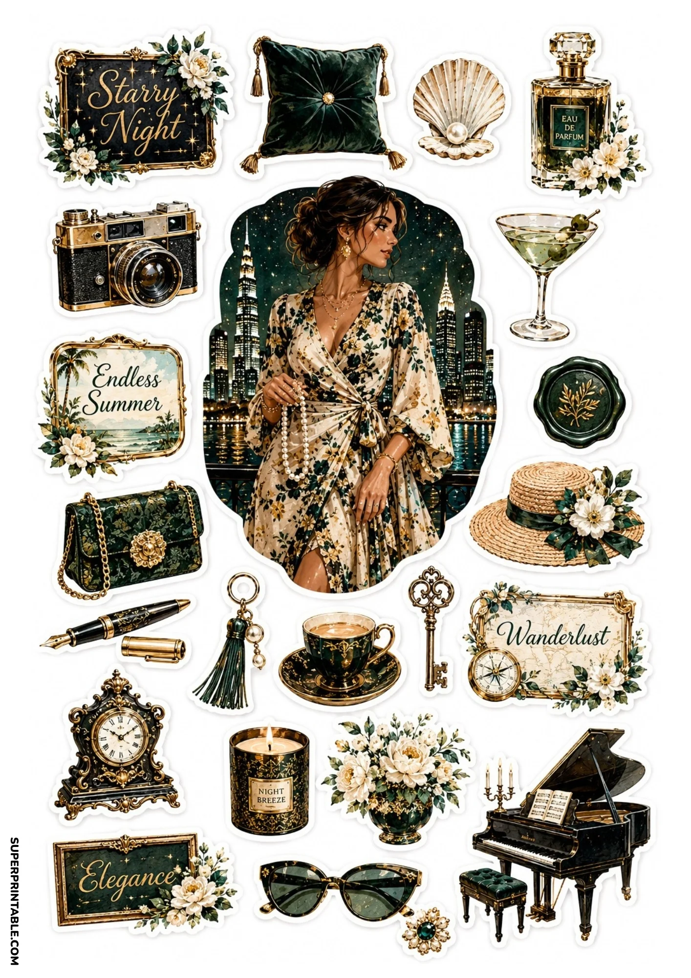 Printable sticker sheet with a central illustration of a woman against a night skyline, surrounded by a grand piano, martini glass, vintage camera, and dark green decor elements.