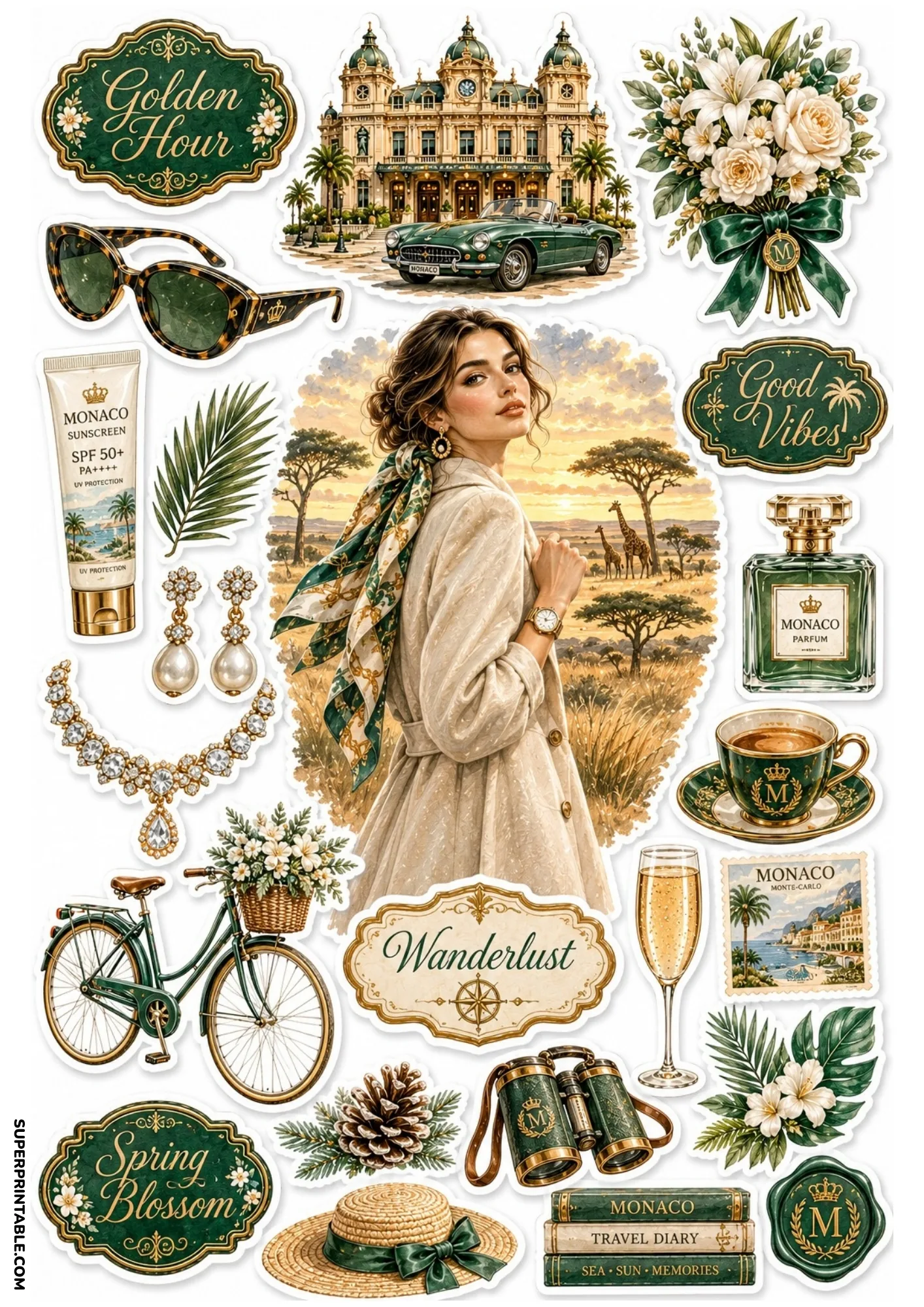Printable sticker sheet showing a woman in a trench coat and headscarf, Monte Carlo Casino, green binoculars, and books.
