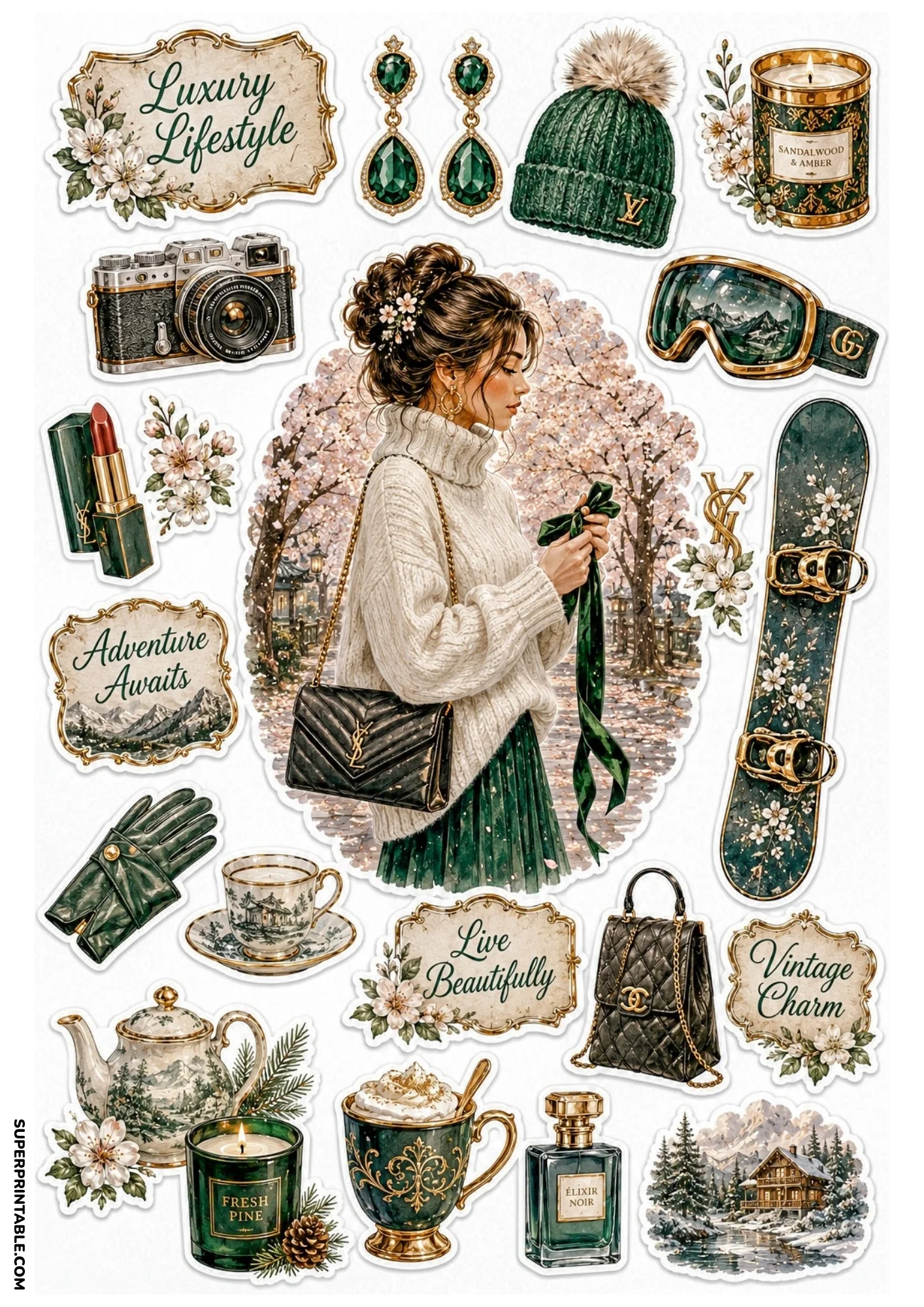 Printable sticker sheet displaying a woman in a knit sweater under blossom trees, surrounded by an emerald beanie, ski goggles, floral snowboard, quilted black handbag, teapot, and winter cabin artwork.