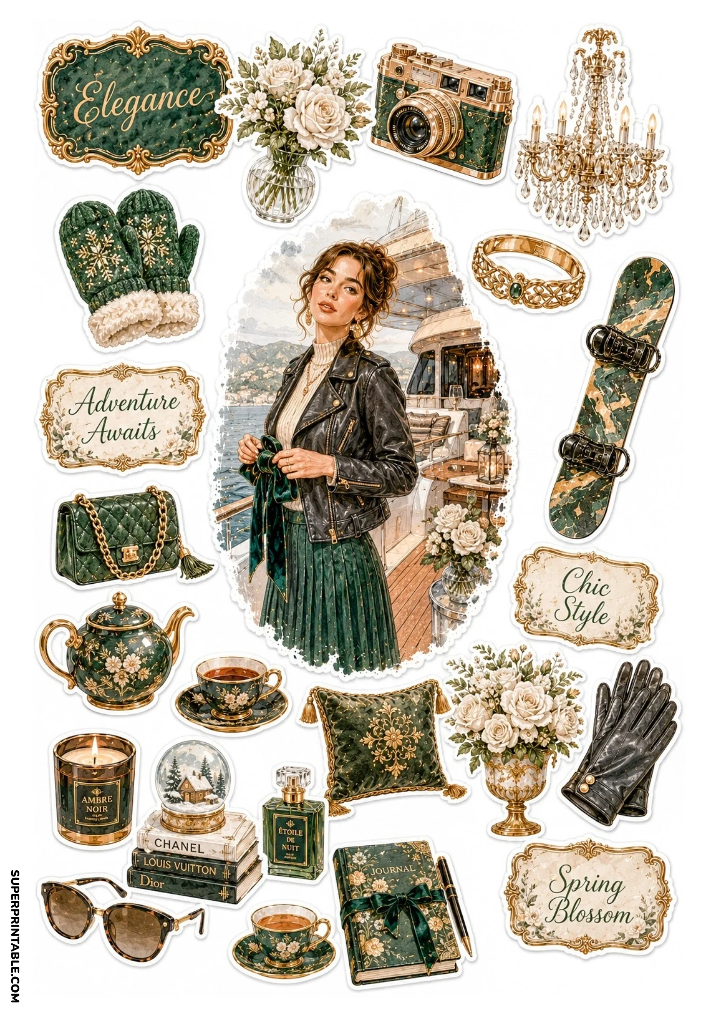 Printable sticker sheet with a central artwork of a woman on a luxury yacht deck, surrounded by emerald green handbags, teapots, mittens, and snow globes.