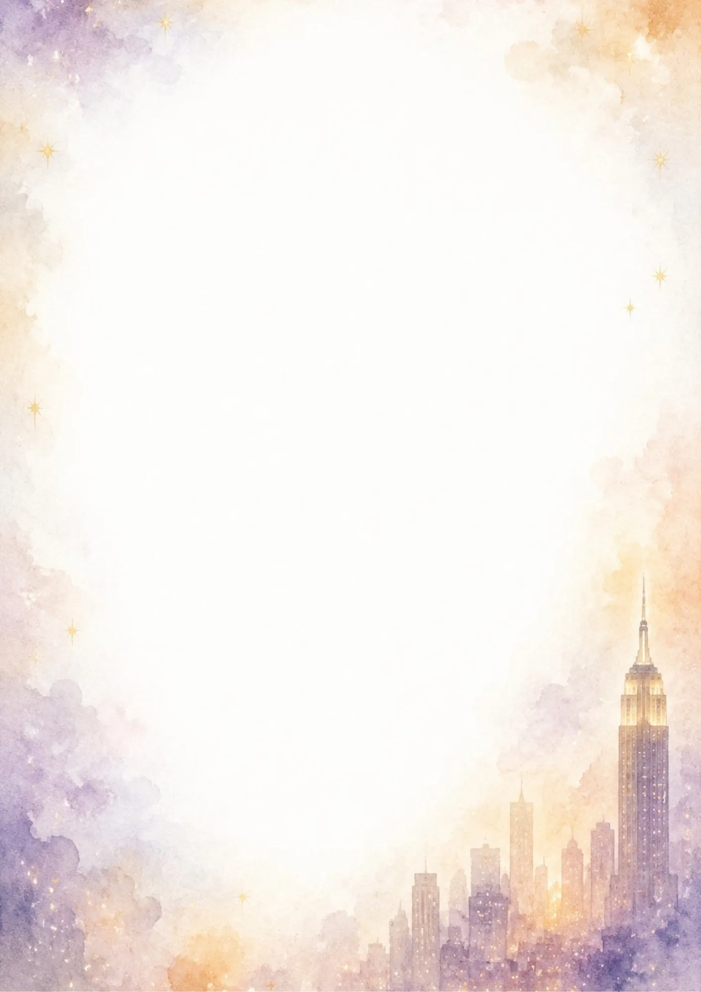 Watercolor border writing page featuring the Empire State Building lit up at sunset against a starry purple and orange sky.