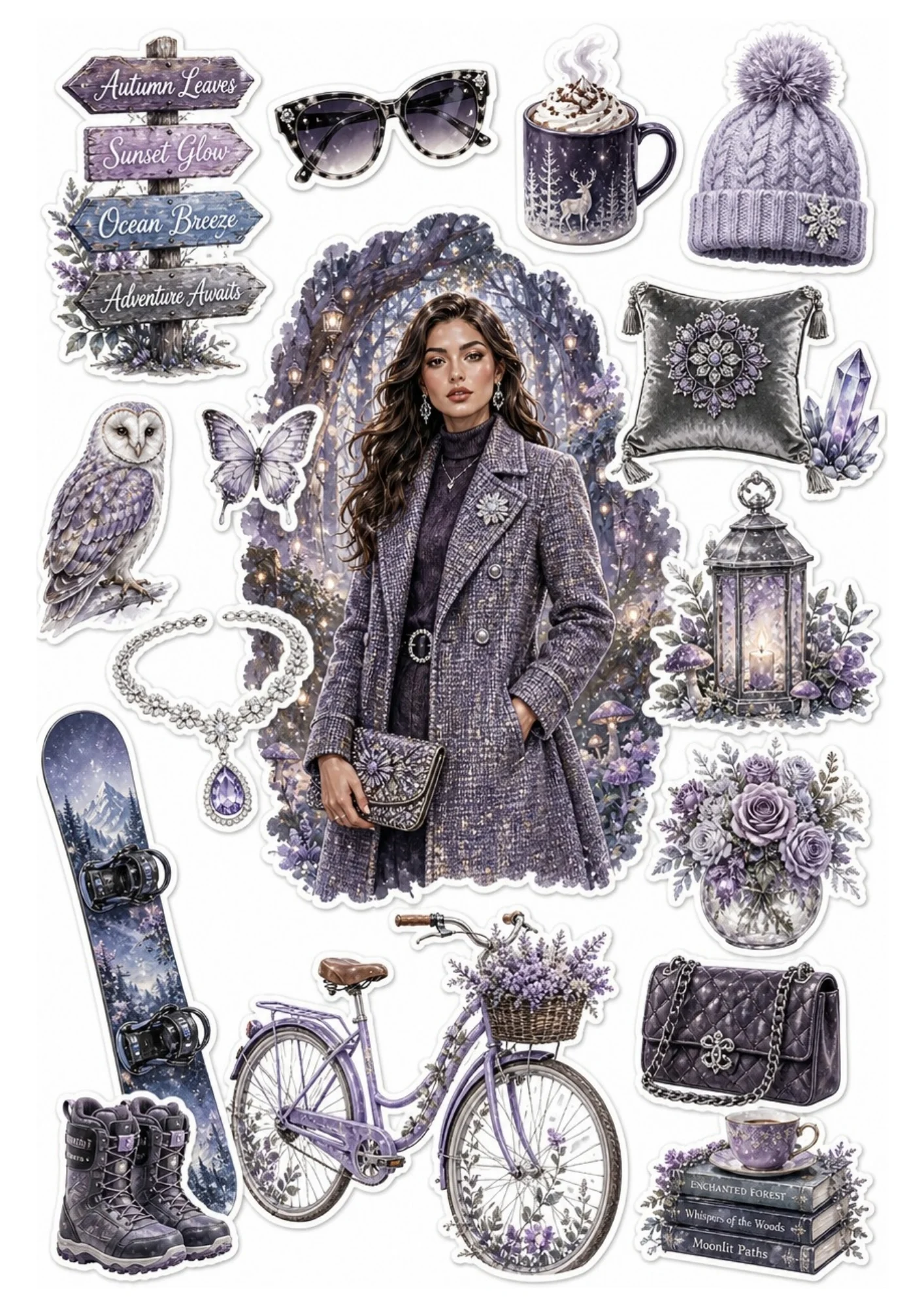 Sticker collection featuring a woman in a tweed coat with an owl.