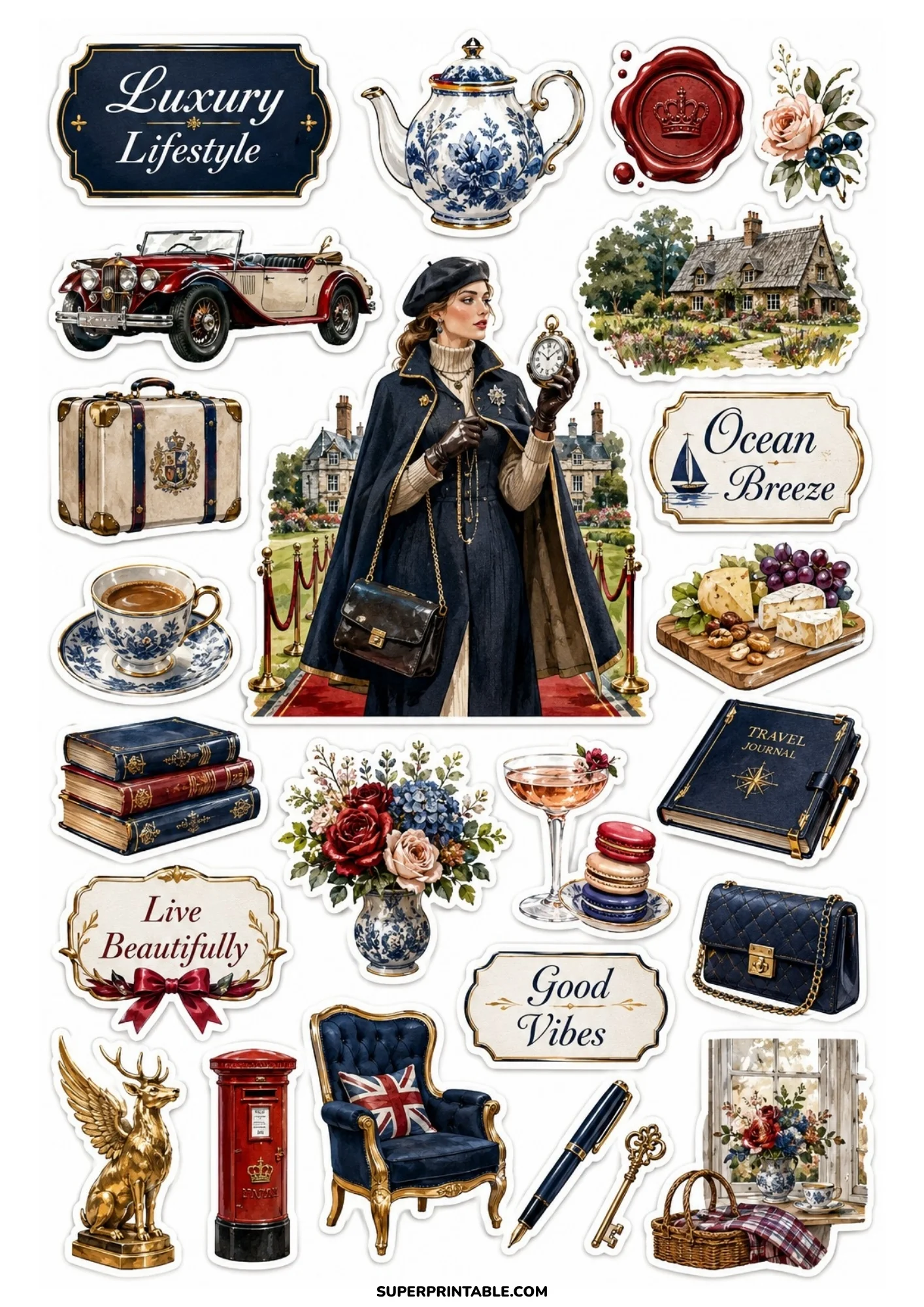 A printable sticker sheet featuring a woman in a navy cape near a manor house, surrounded by a red vintage car, red mailbox, Union Jack armchair, and cheese board.
