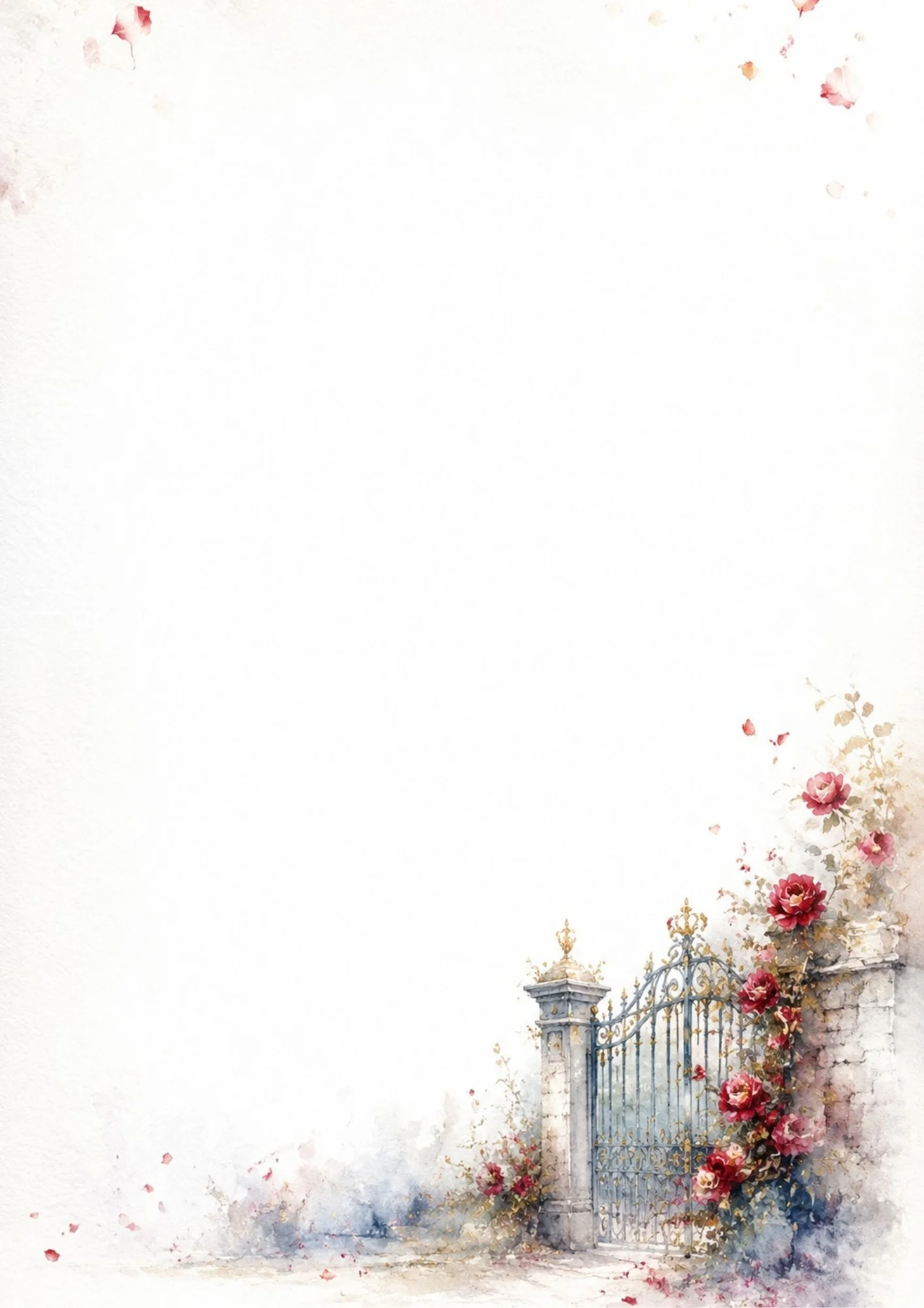 A watercolor depiction of a black iron gate between stone pillars, covered with climbing red roses and green leaves on the bottom right corner of a textured paper.