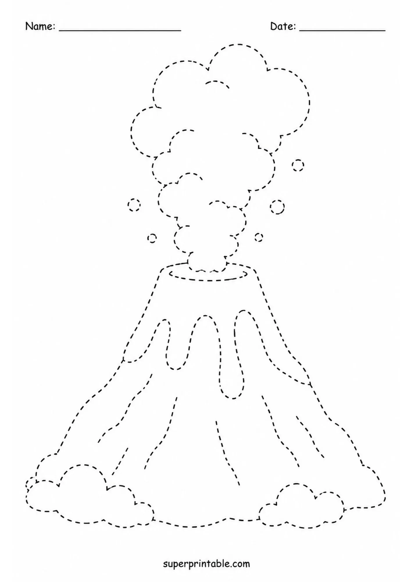 Line tracing worksheet of an erupting volcano with smoke clouds drawn with dashed outline lines.