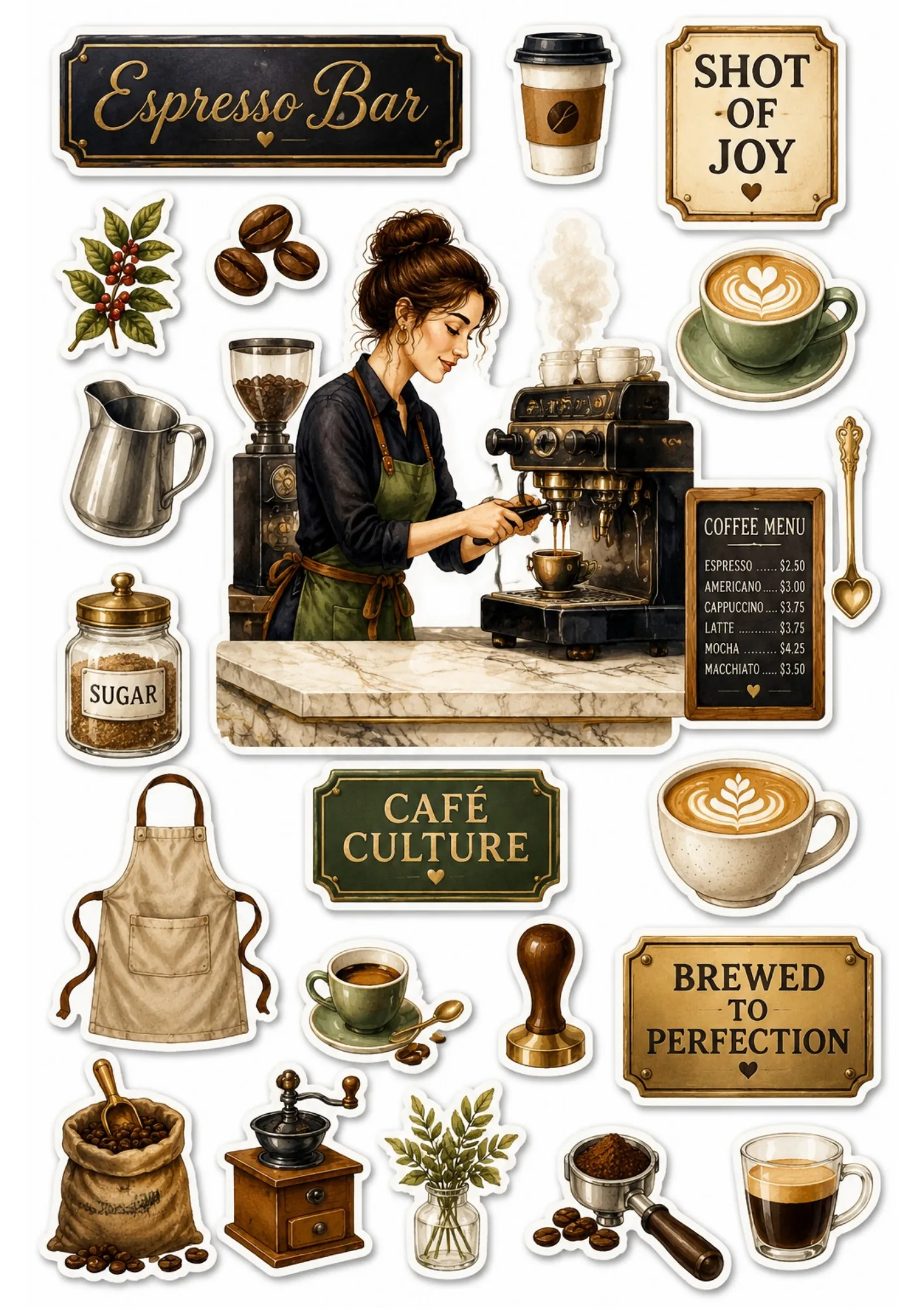 Espresso bar barista sticker sheet featuring a barista making coffee at a vintage espresso machine surrounded by coffee bean sacks, portafilter, and espresso bar signs.