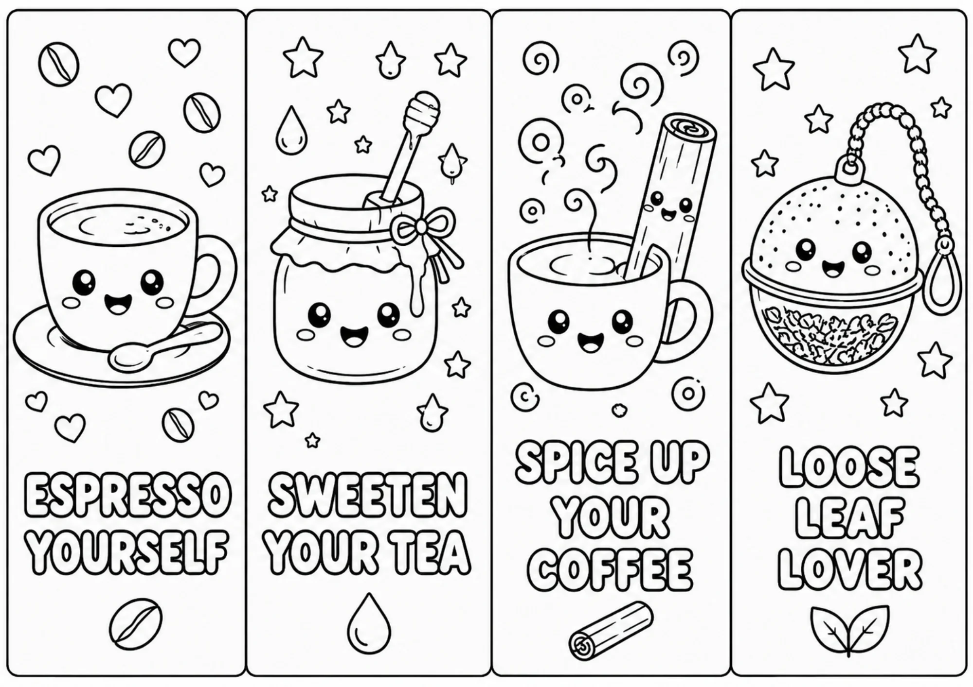 Printable black and white coloring page with four bookmarks depicting an espresso saucer cup, honey jar with dipper, mug with cinnamon stick stirrer, and loose leaf tea infuser ball.