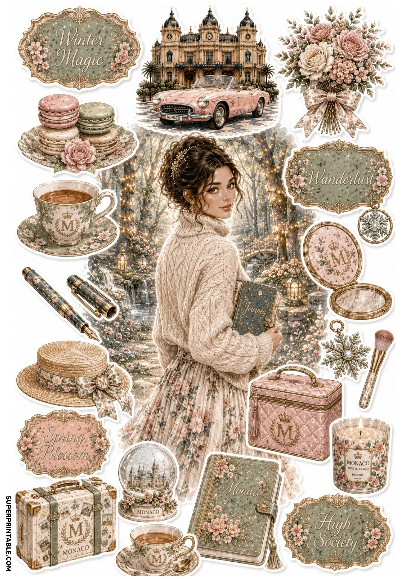 Printable sticker sheet depicting a woman in a cable-knit sweater in an illuminated forest, teacups, vanity case, and macarons.