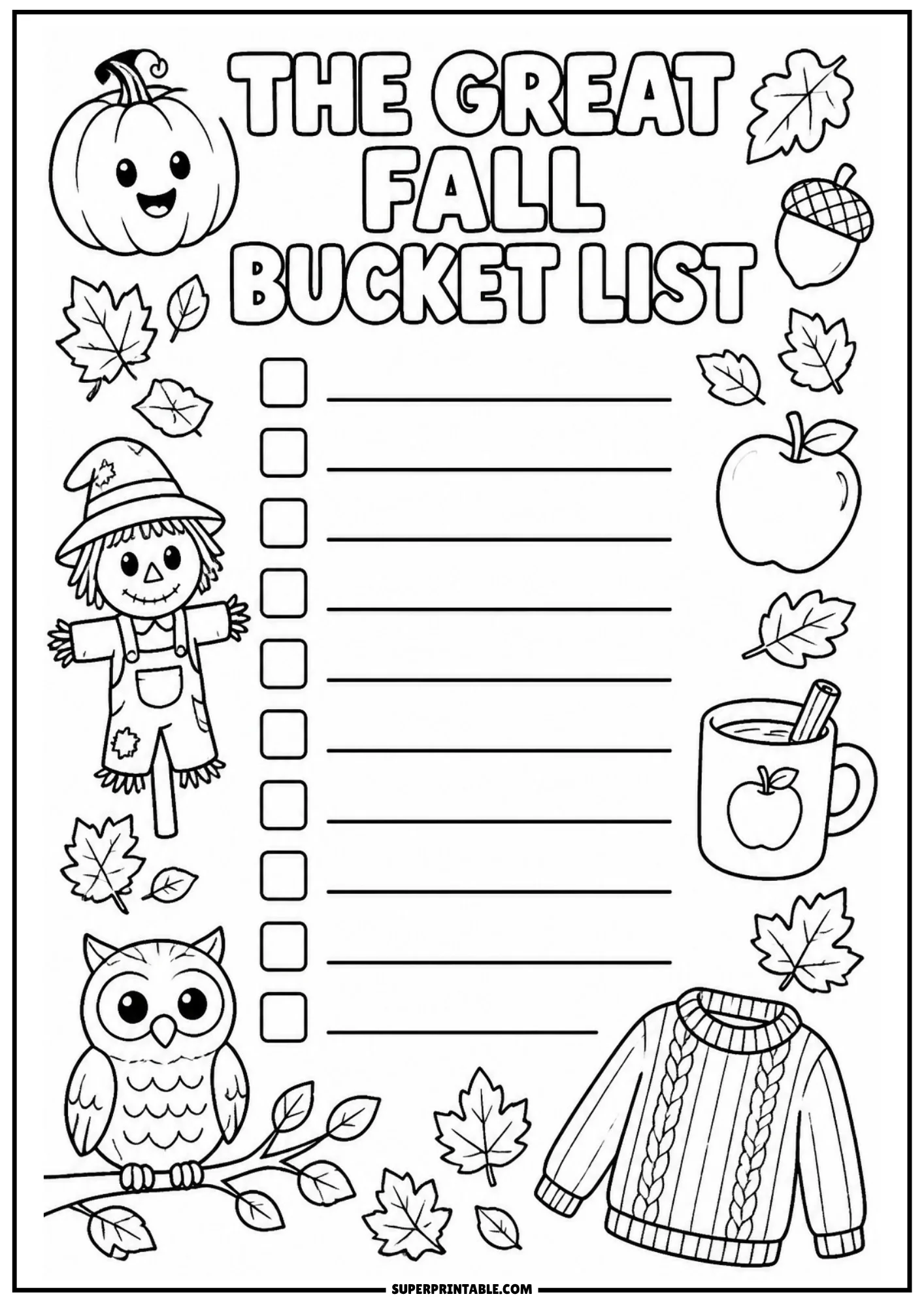 Printable autumn fall bucket list page with checkboxes, a smiling pumpkin, a friendly scarecrow, an owl on a branch, a warm cider mug, and a sweater.