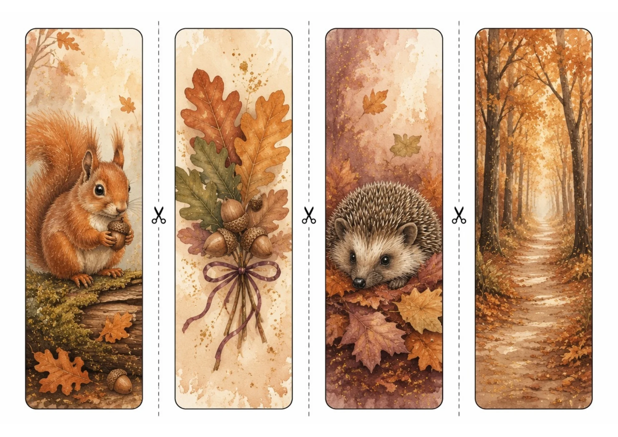 Four printable bookmark designs depicting a squirrel with an acorn, a bundle of oak leaves, a hedgehog in fallen foliage, and a forest path.