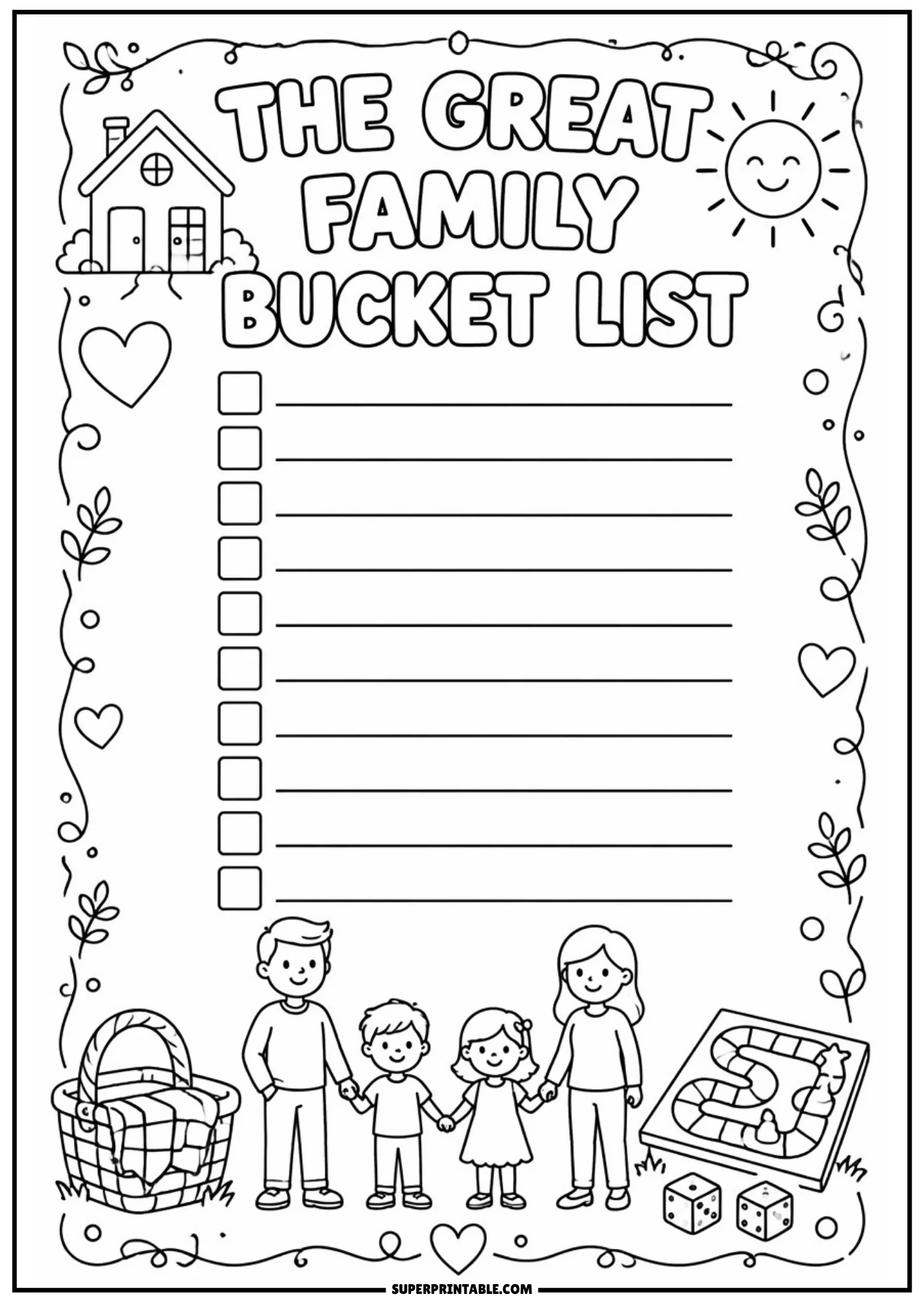 Printable family bucket list page showing a family holding hands, a house, sun, picnic basket, board game with dice, and hearts.