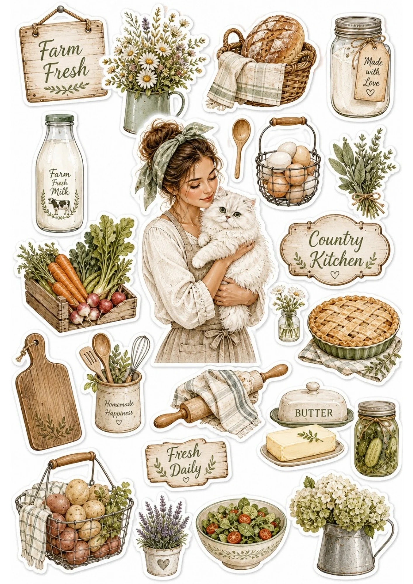 A girl organizing farm fresh vegetables and dairy with her white cat. Surrounding stickers include milk jugs, egg cartons, fresh pies, and text saying 'Farm Fresh' and 'Country Kitchen'.