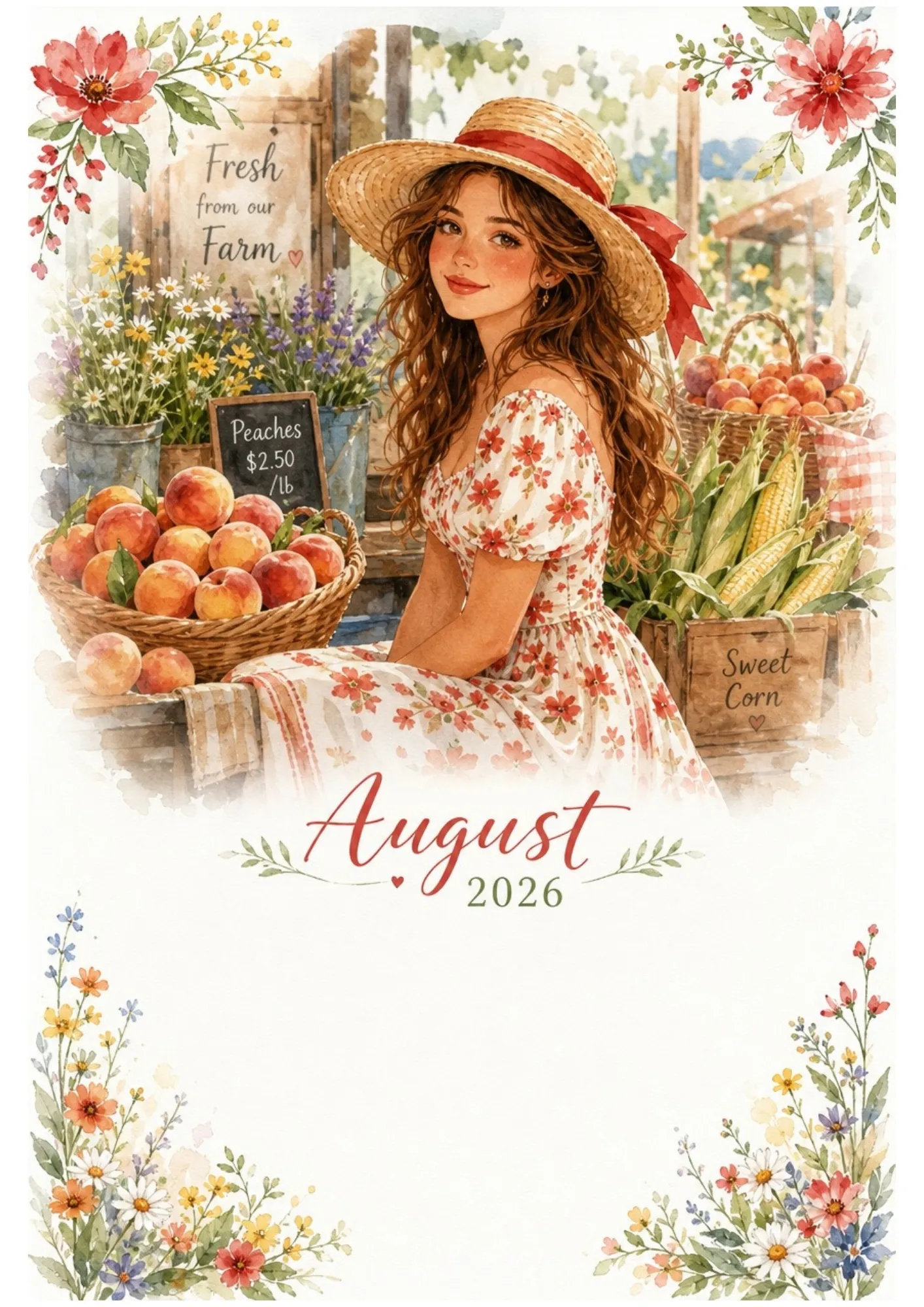 Watercolor scene of a woman in a straw hat at a farm stand with peaches, sweet corn, and wildflowers under the text August 2026 with a blank writing space below.
