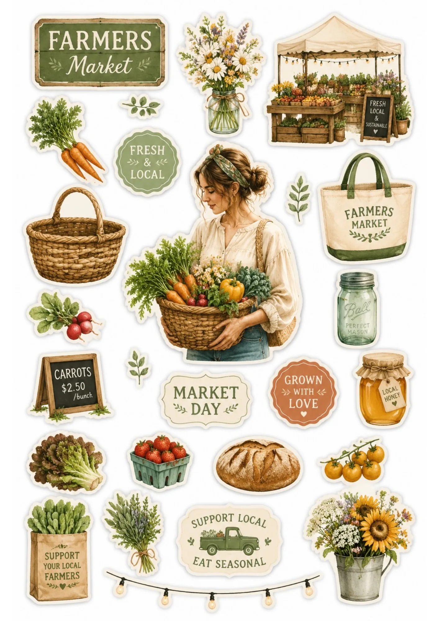 Printable sticker sheet illustrating a farmers market scene with fresh produce baskets, vegetables, bread, flower buckets, and market signs.