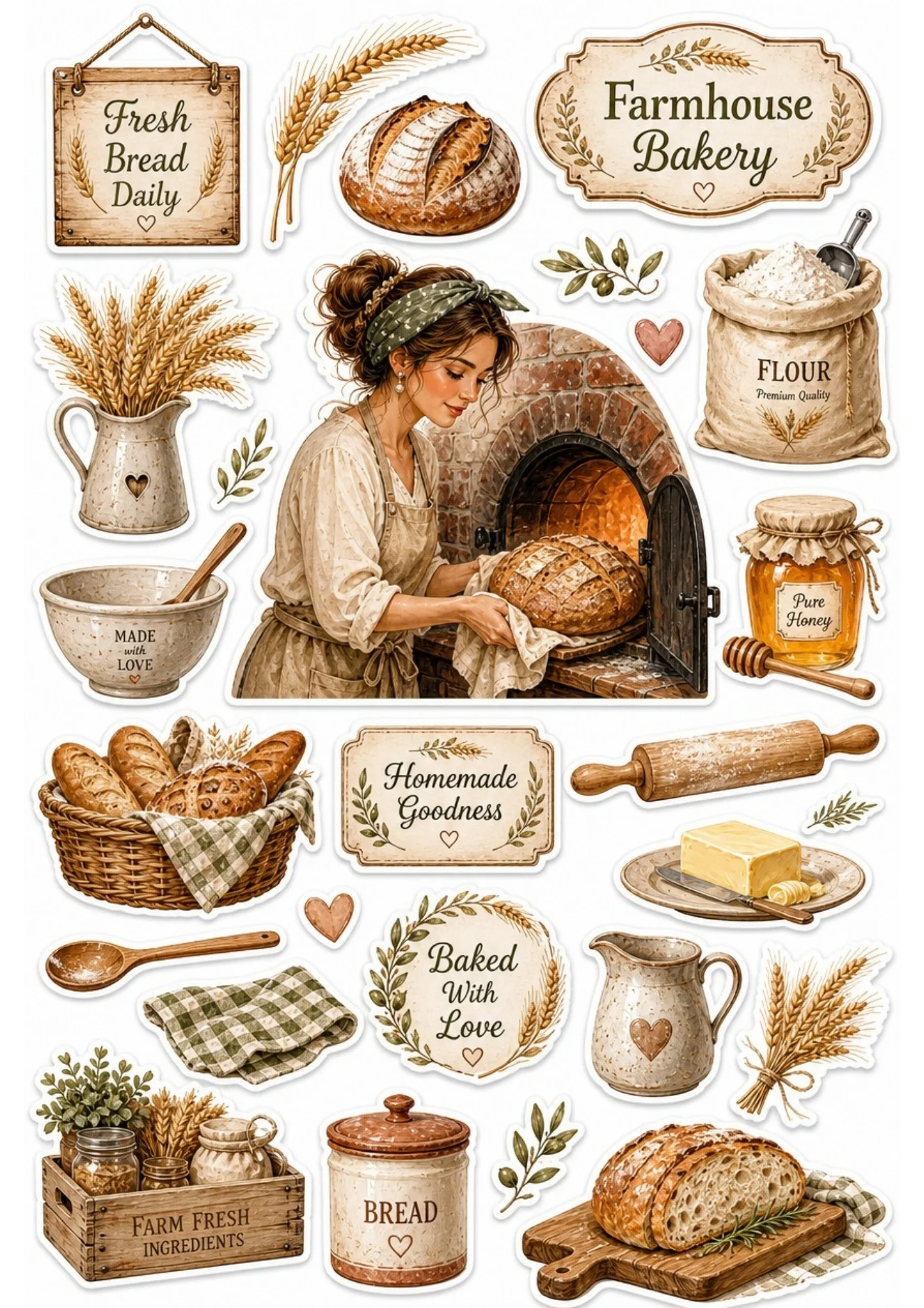 A girl pulling a fresh loaf of sourdough bread out of a brick oven. Surrounding stickers include sacks of flour, jars of pure honey, butter, wooden spoons, and text saying 'Farmhouse Bakery' and 'Fresh Bread Daily'.