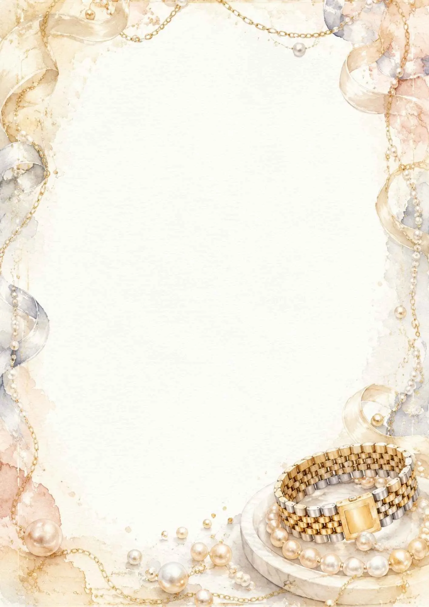 A soft writing page featuring a feminine rose gold watch with a pearl bracelet on a pink cushion.