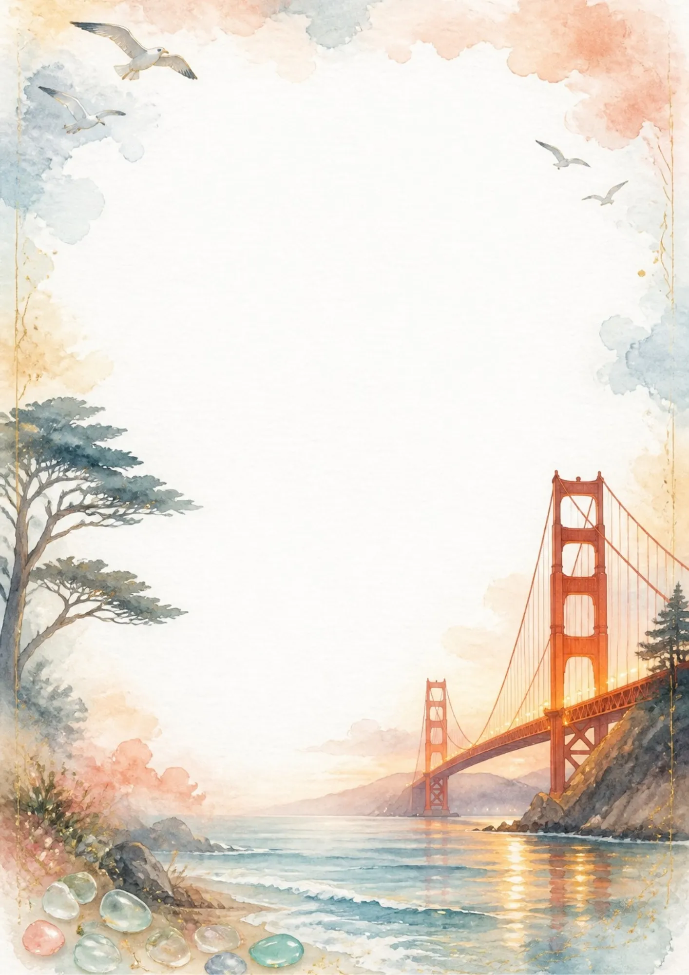 A watercolor writing page featuring the Ferry Building clock tower on the Embarcadero with bay shoreline.