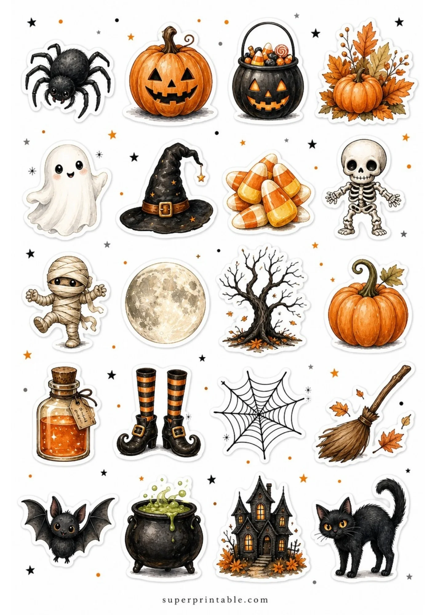 A sheet of twenty detailed Halloween watercolor stickers featuring pumpkins, ghosts, haunted houses, witch brooms, black cats, and mummies with white cut borders.