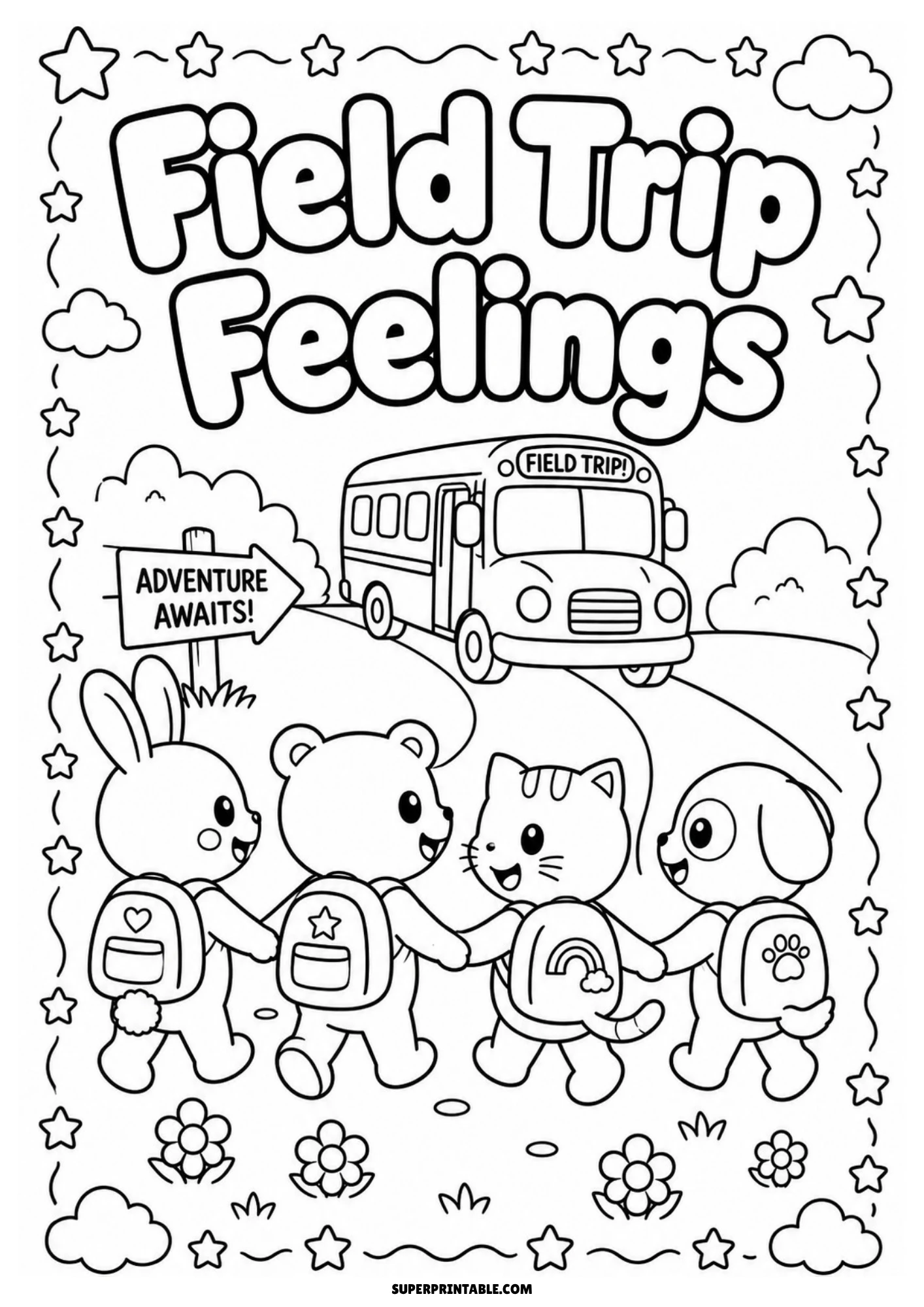 Black and white coloring page depicting four cute animals wearing backpacks holding hands while walking toward a school bus with text reading Field Trip Feelings.