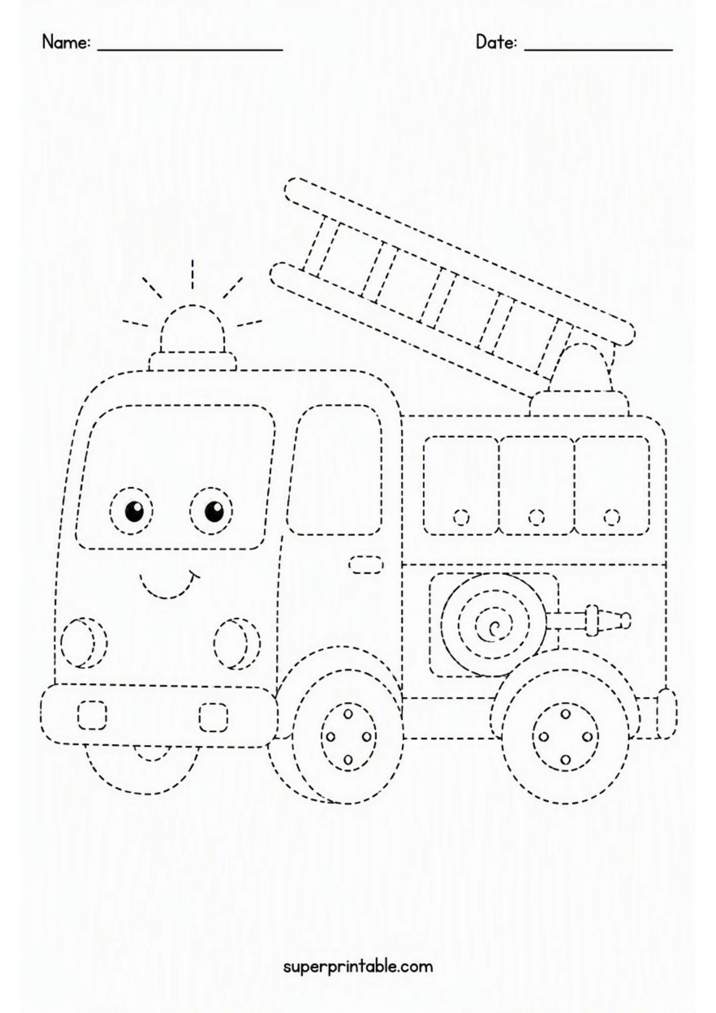 Black and white line tracing activity worksheet featuring a cute cartoon fire truck with dashed lines.