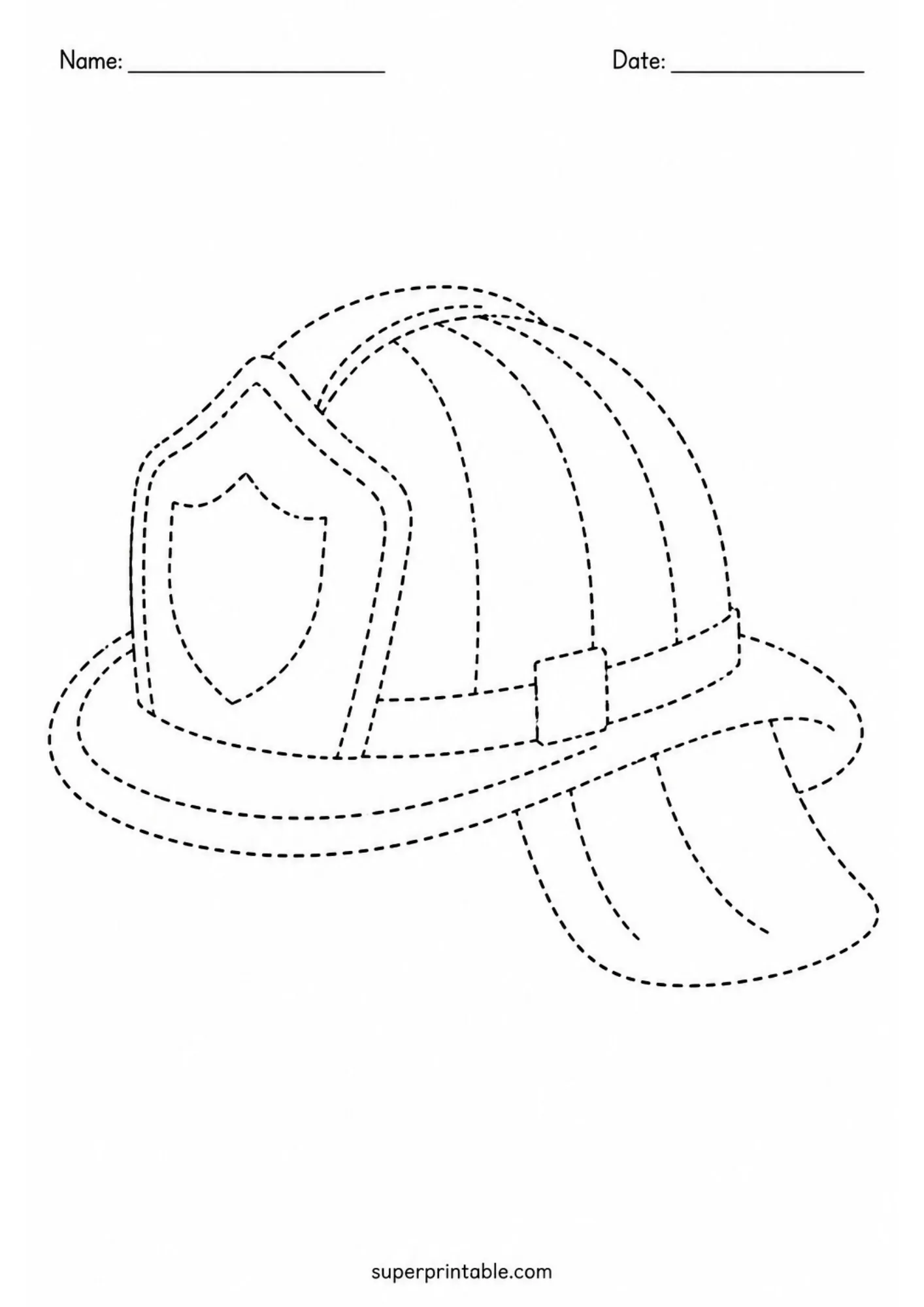 Printable line tracing activity worksheet featuring a dashed outline of a firefighter helmet.