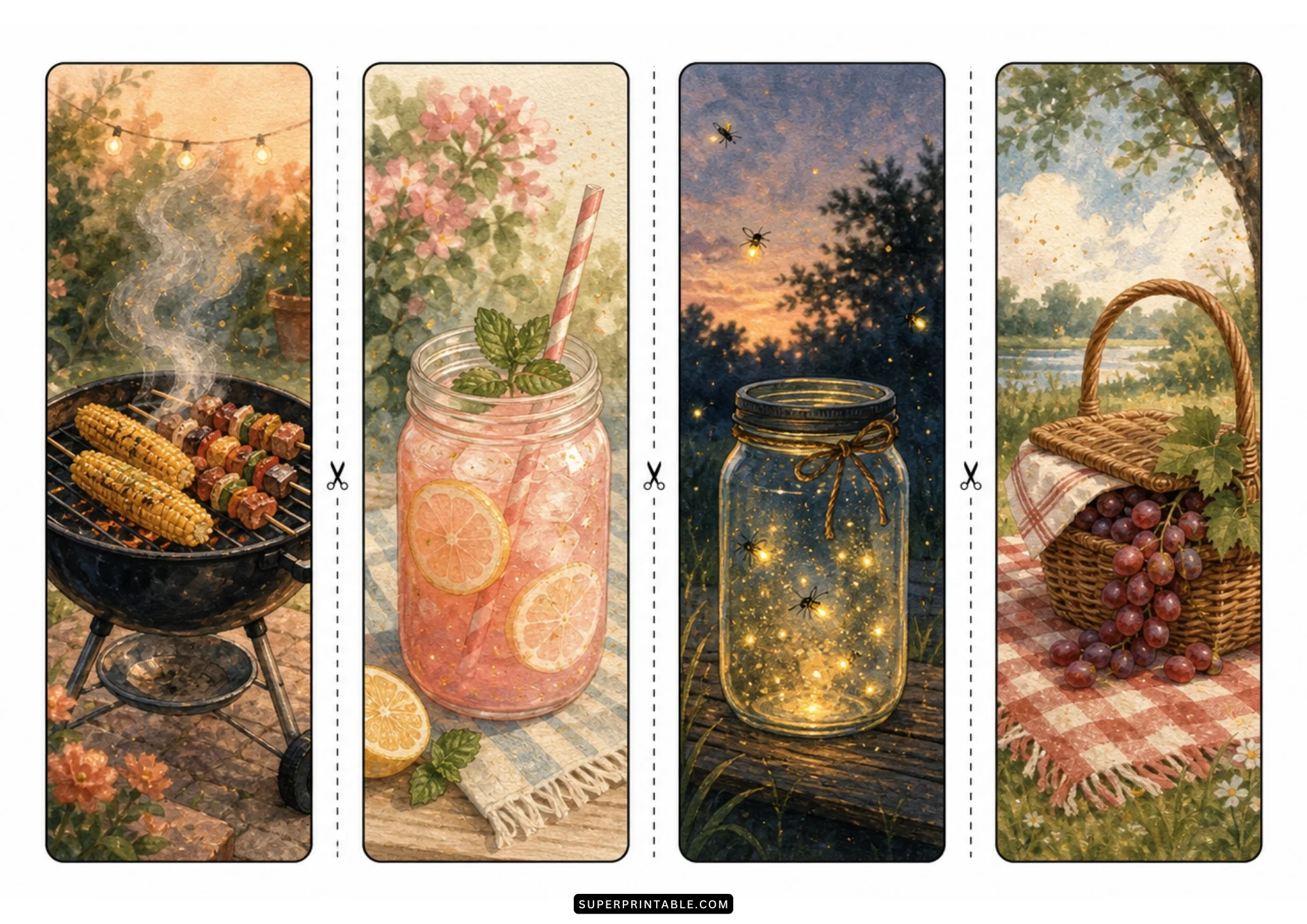Watercolor night bookmarks showing grilled skewers on a barbecue, pink lemonade, fireflies in a jar, and picnic basket.