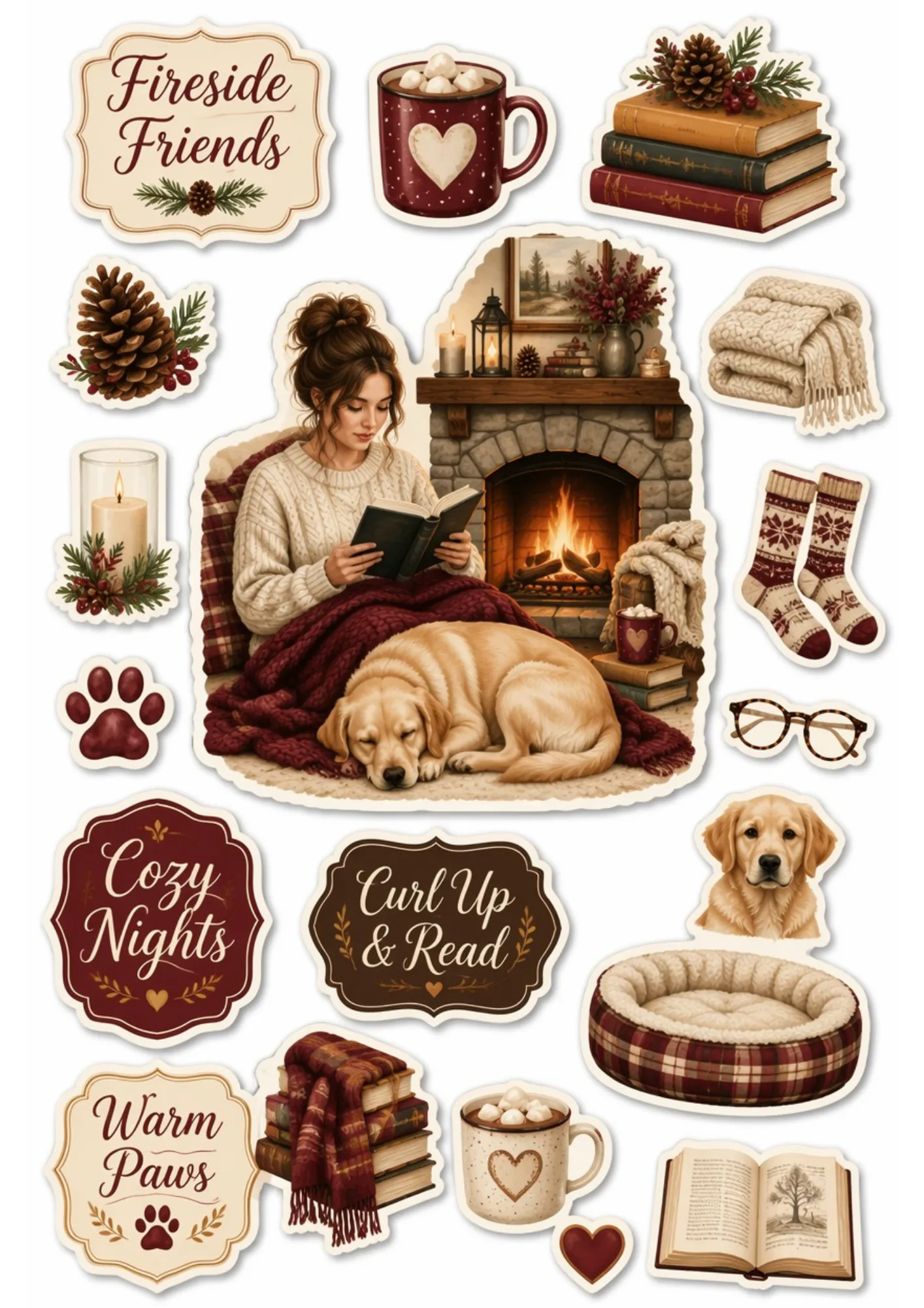 A hygge fireside sticker sheet featuring a woman reading by a fireplace with a sleeping golden Labrador alongside books, cocoa, and cozy socks.