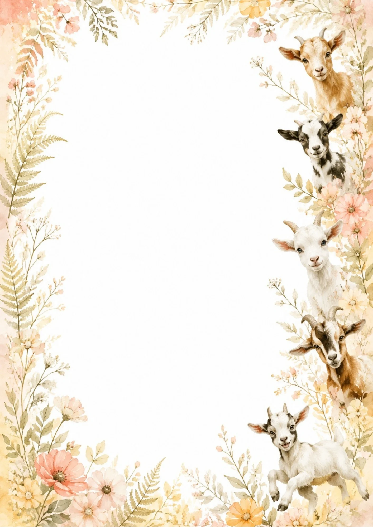 Five baby goats peek out from the right margin amidst peach watercolor blossoms.