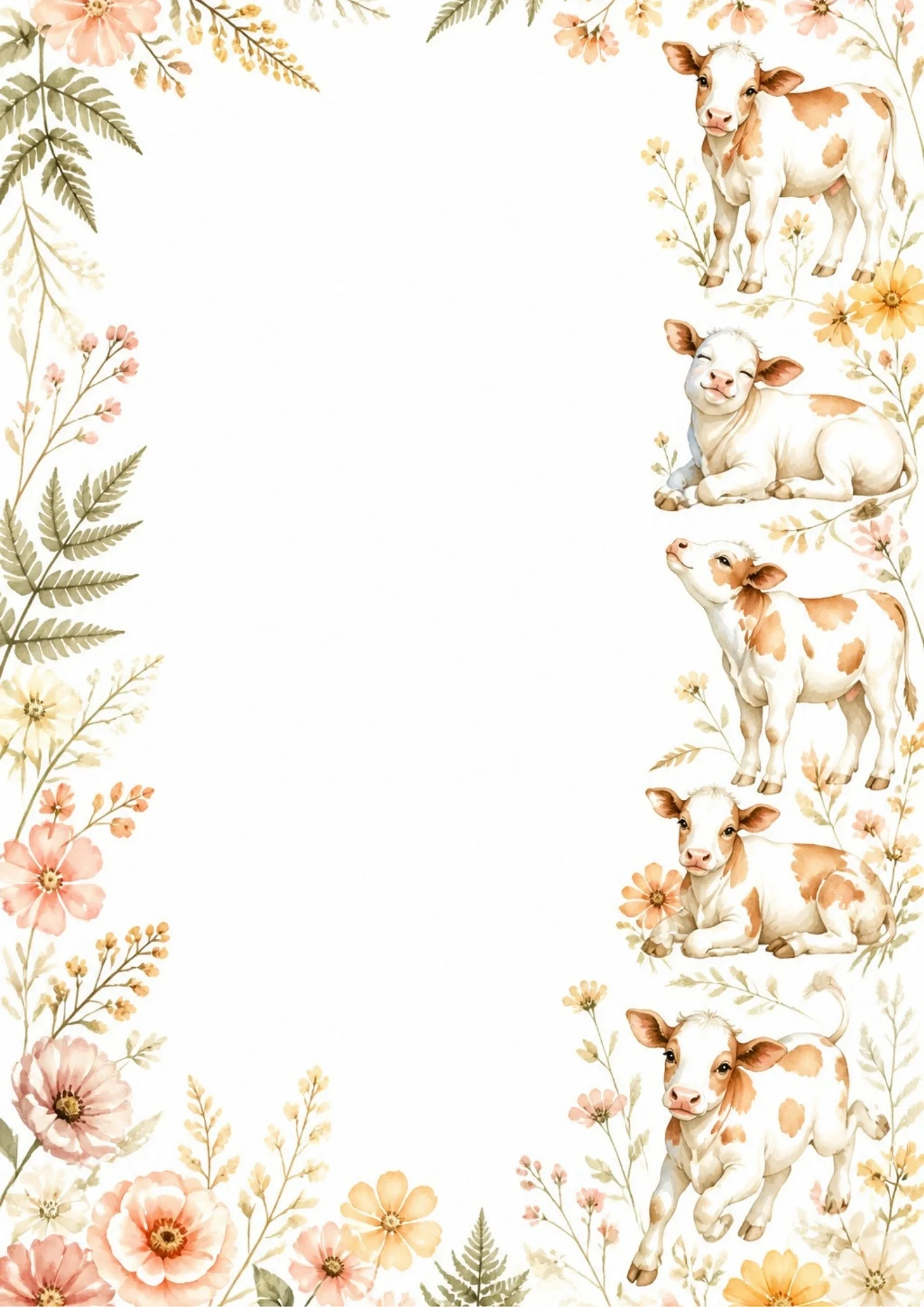 Watercolor border featuring five illustrations of calves along the right side, paired with green fern leaves and blush pink flowers on the left.