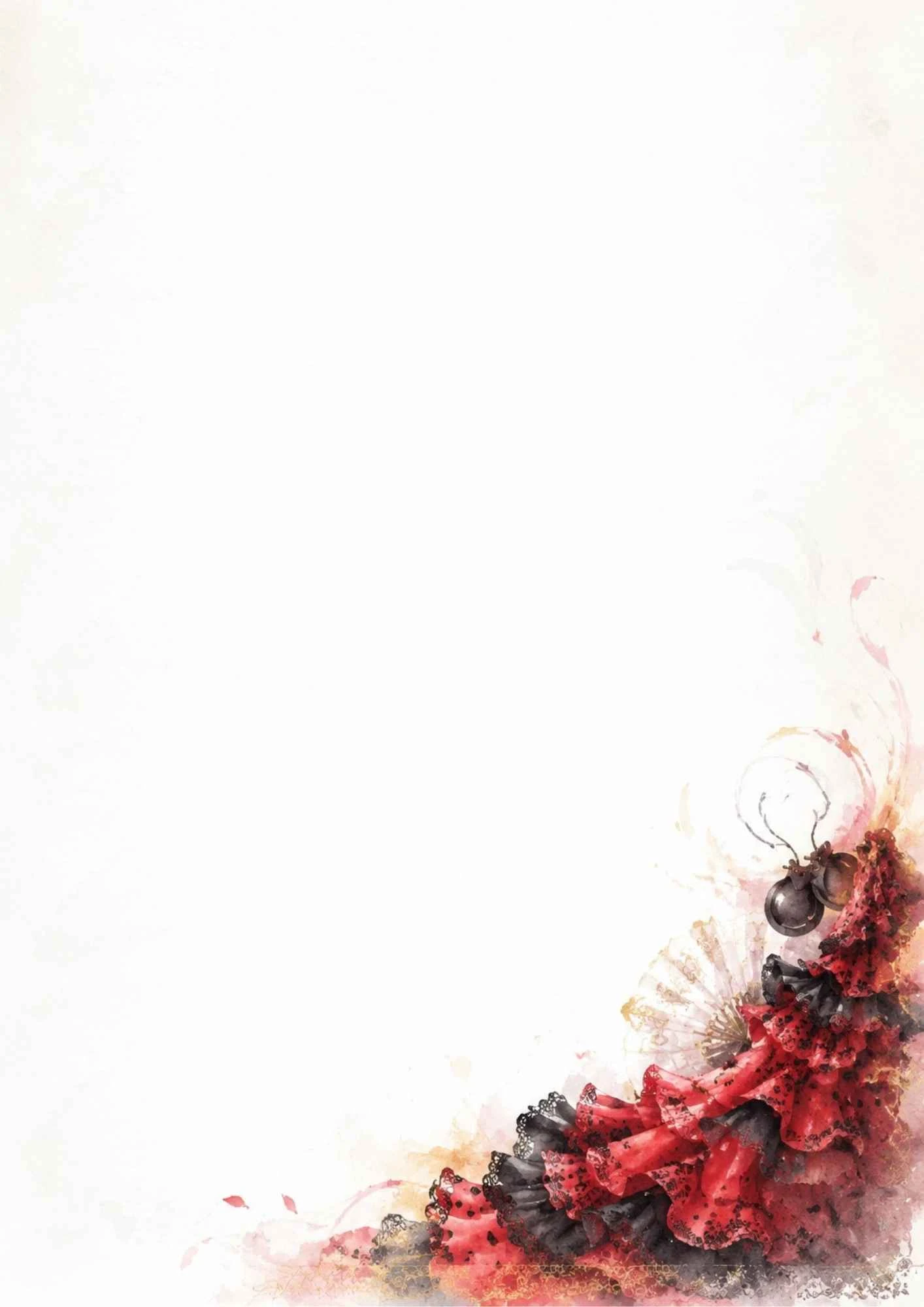 A watercolor illustration of red and black ruffled flamenco dress fabrics, a hand fan, and castanets.