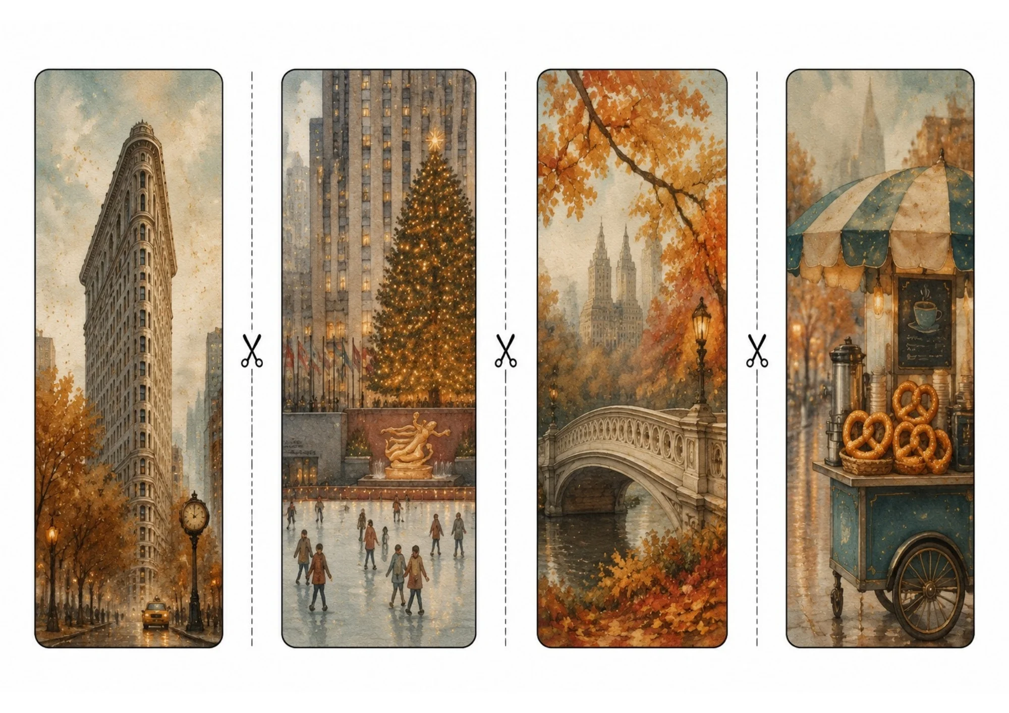 Printable page featuring four vertical bookmarks showing autumn Flatiron Building, Rockefeller Center ice rink and Christmas tree, Central Park Bow Bridge, and street pretzel cart.