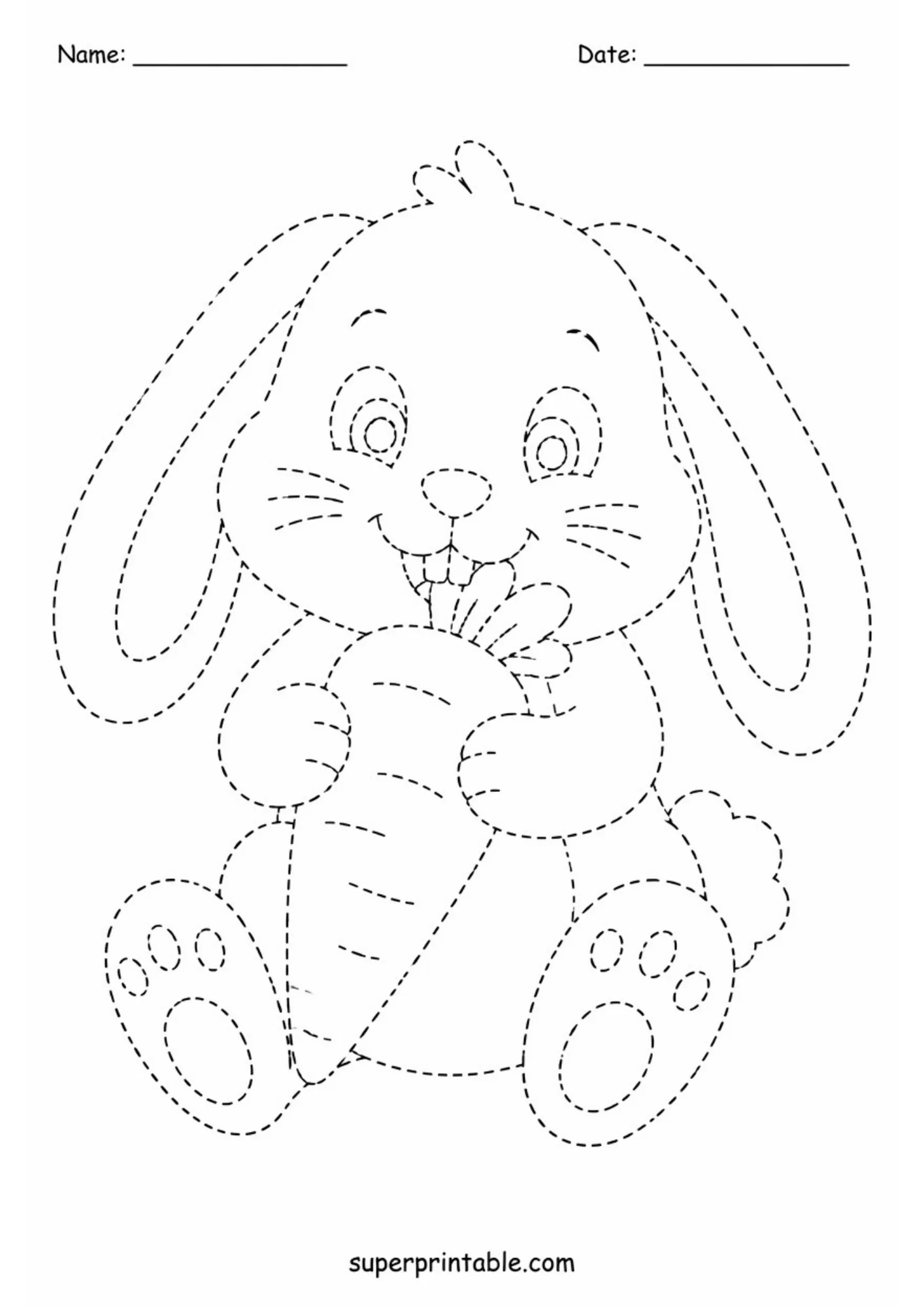 Dashed line tracing activity sheet of a happy floppy-eared rabbit sitting and holding a large carrot with visible paw pad details.