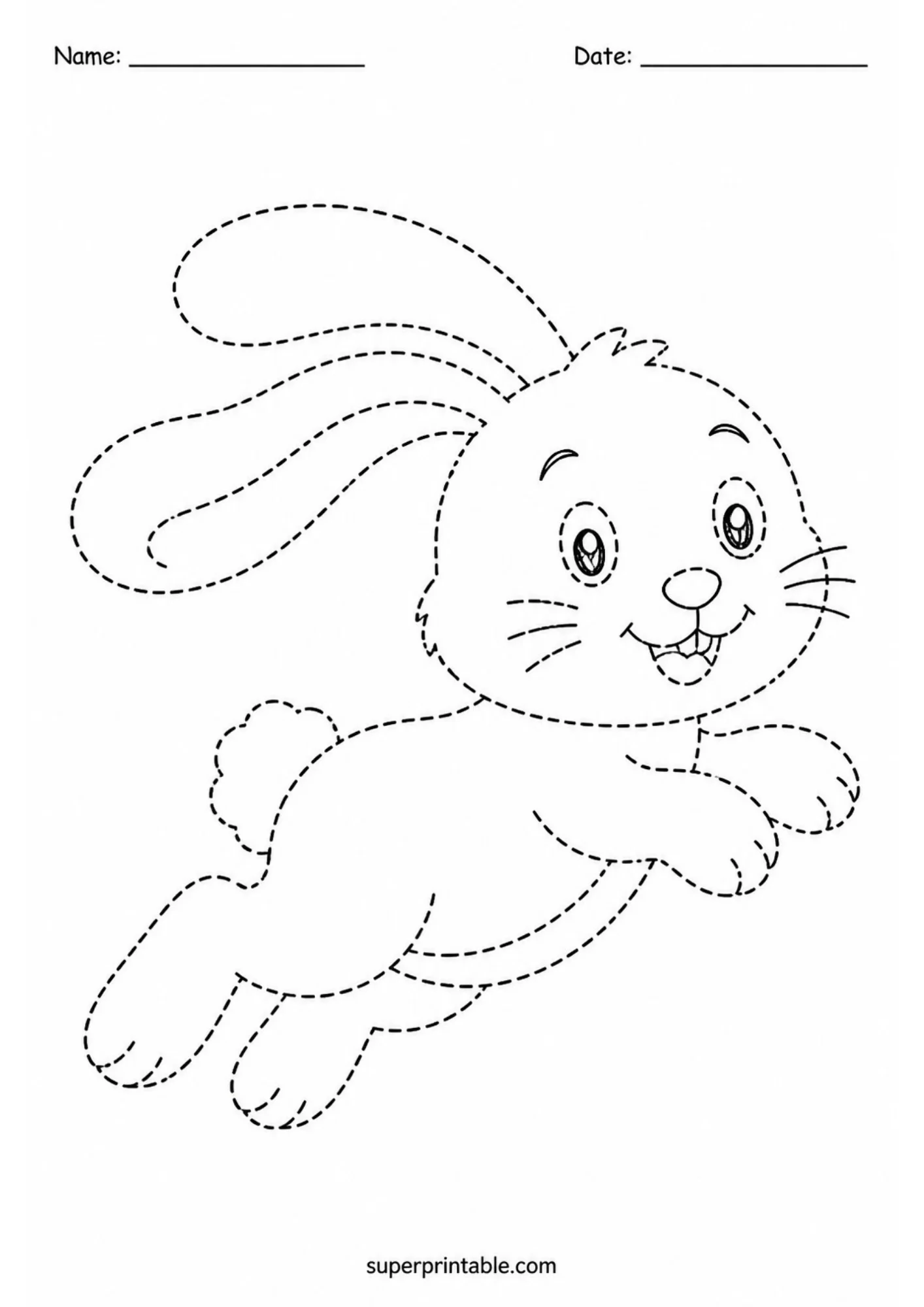 Printable line tracing sheet showing a joyful floppy-eared bunny leaping mid-air with extended legs and ears trailing behind.