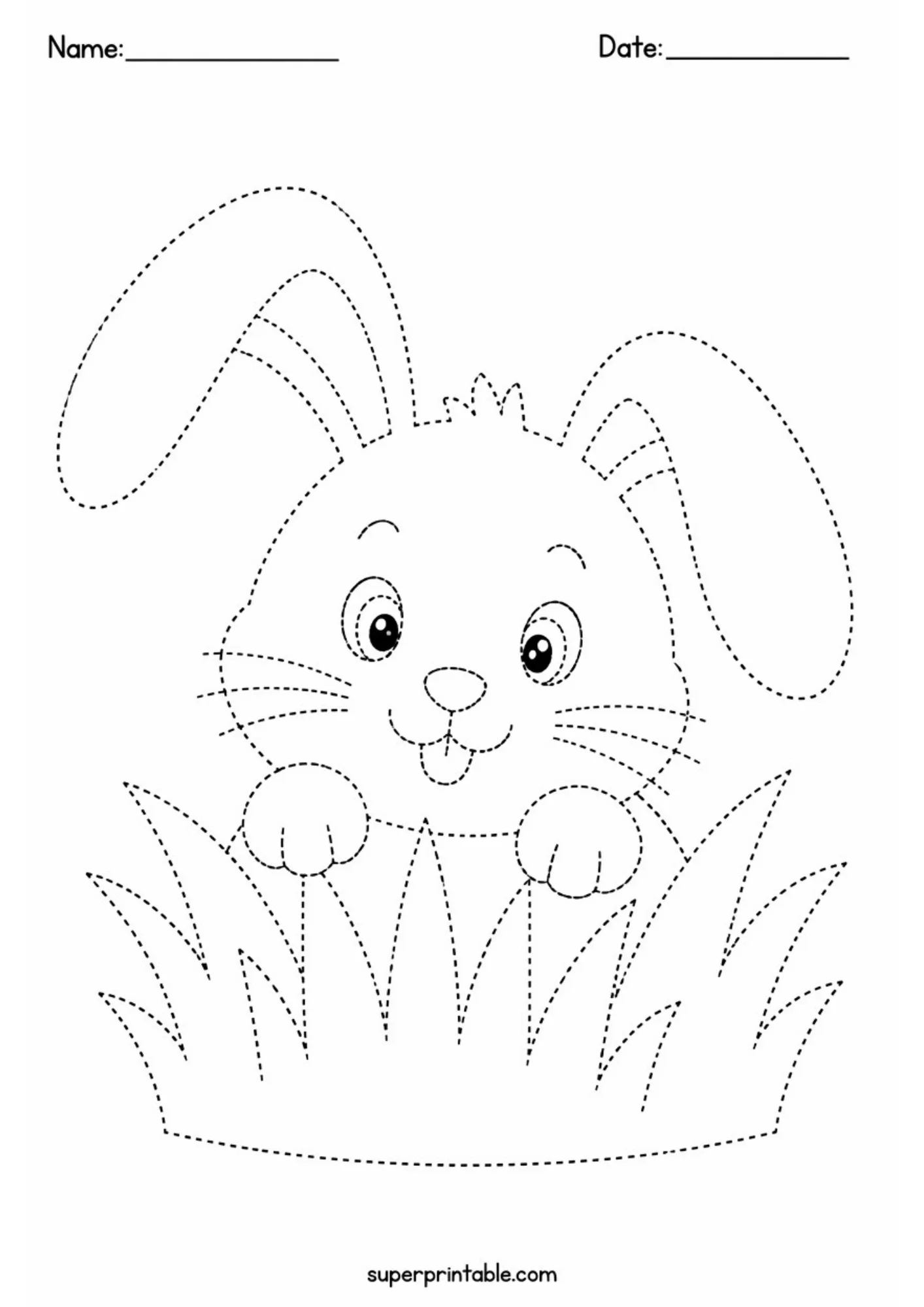Black and white dashed line tracing page of a cute floppy-eared rabbit peeking its head and paws over tall grass blades.