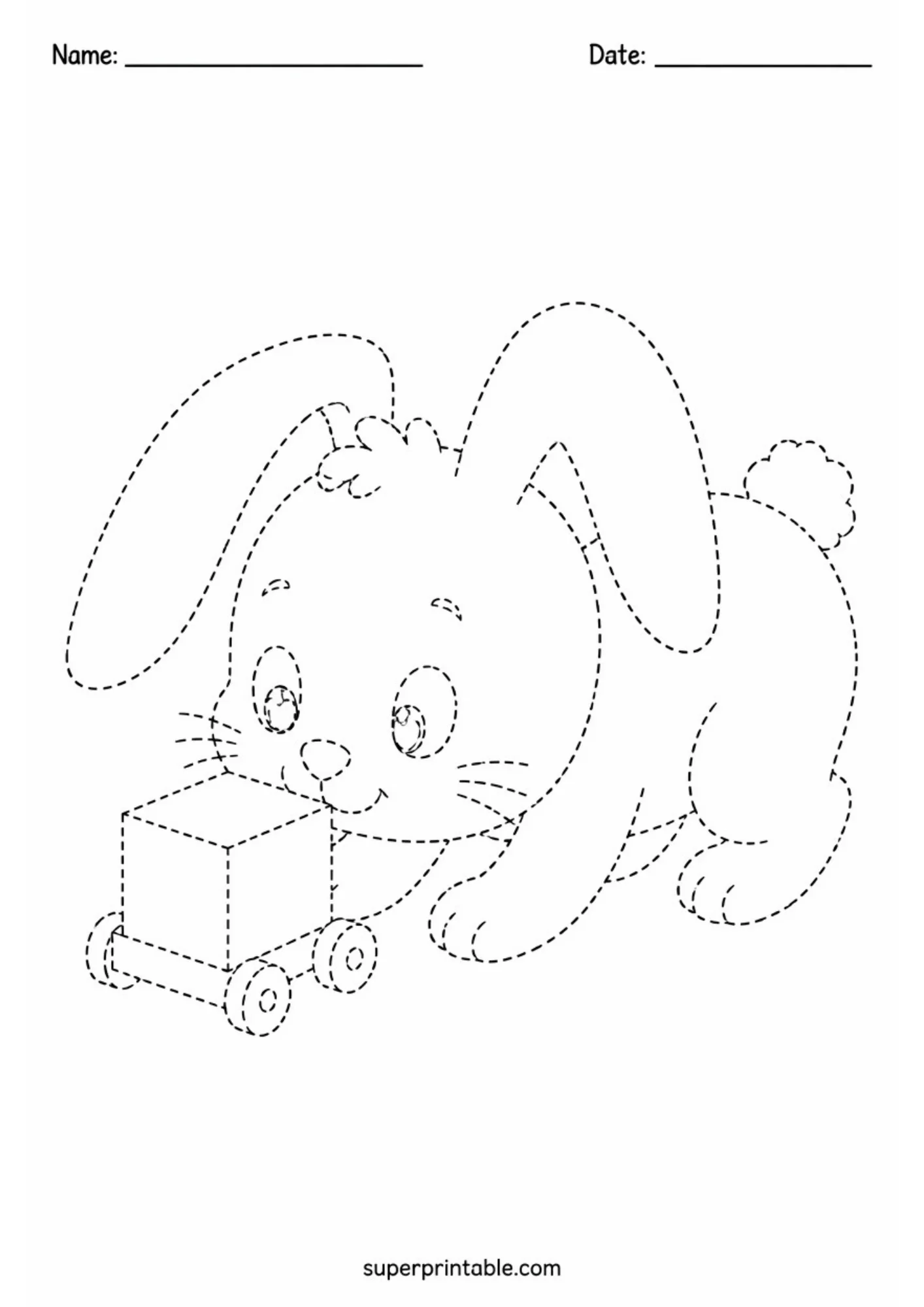 Printable line tracing page showing a floppy-eared bunny pushing a small wooden block toy cart on wheels drawn in dashed black lines.