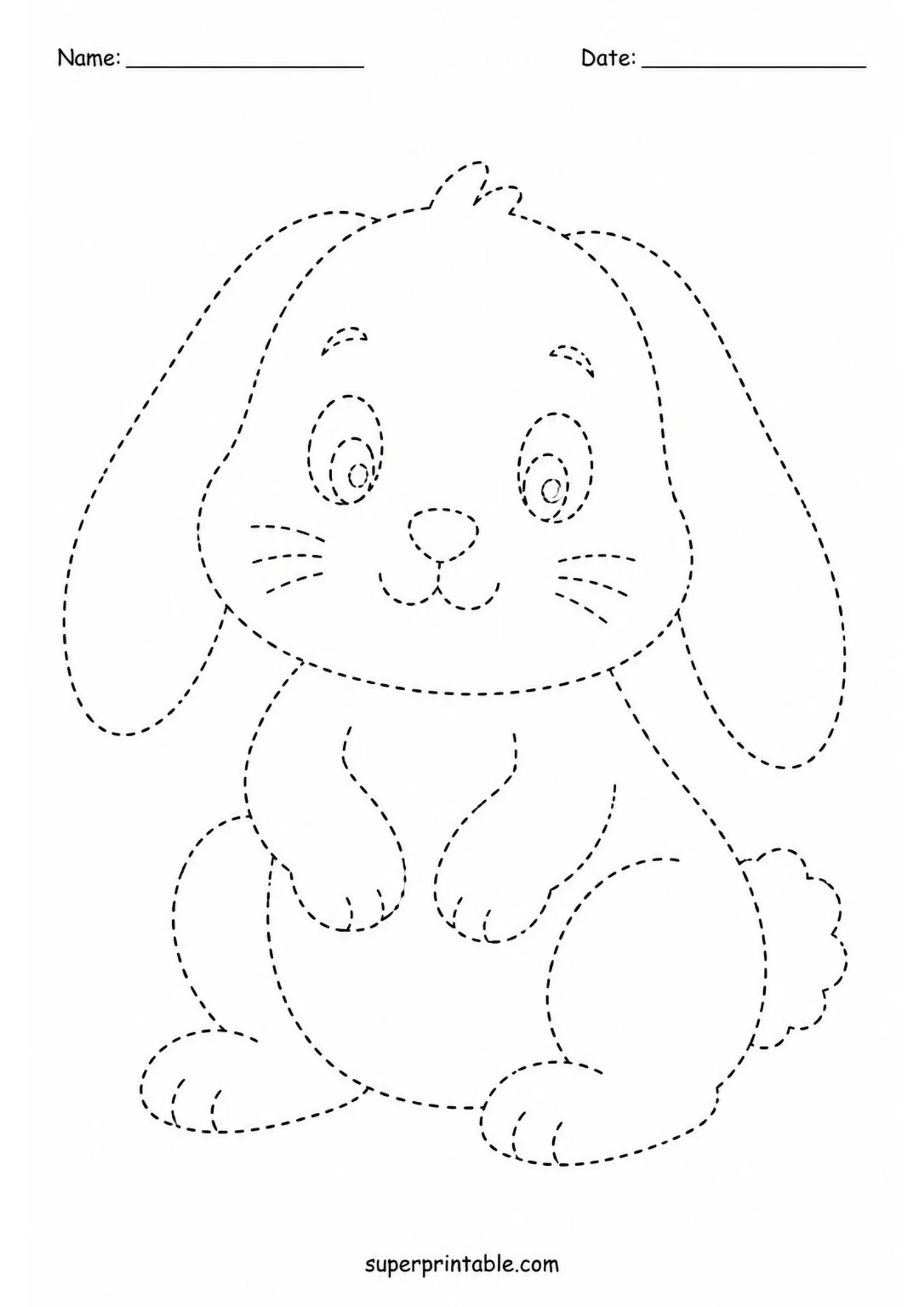 Black and white dashed outline tracing worksheet of a cute floppy-eared bunny sitting forward with large round eyes and whiskered face.