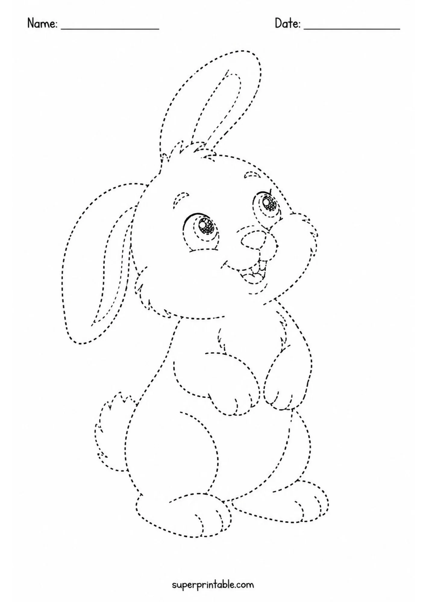Dashed outline tracing sheet of a cute floppy-eared bunny standing up on its hind legs looking upward with front paws raised.
