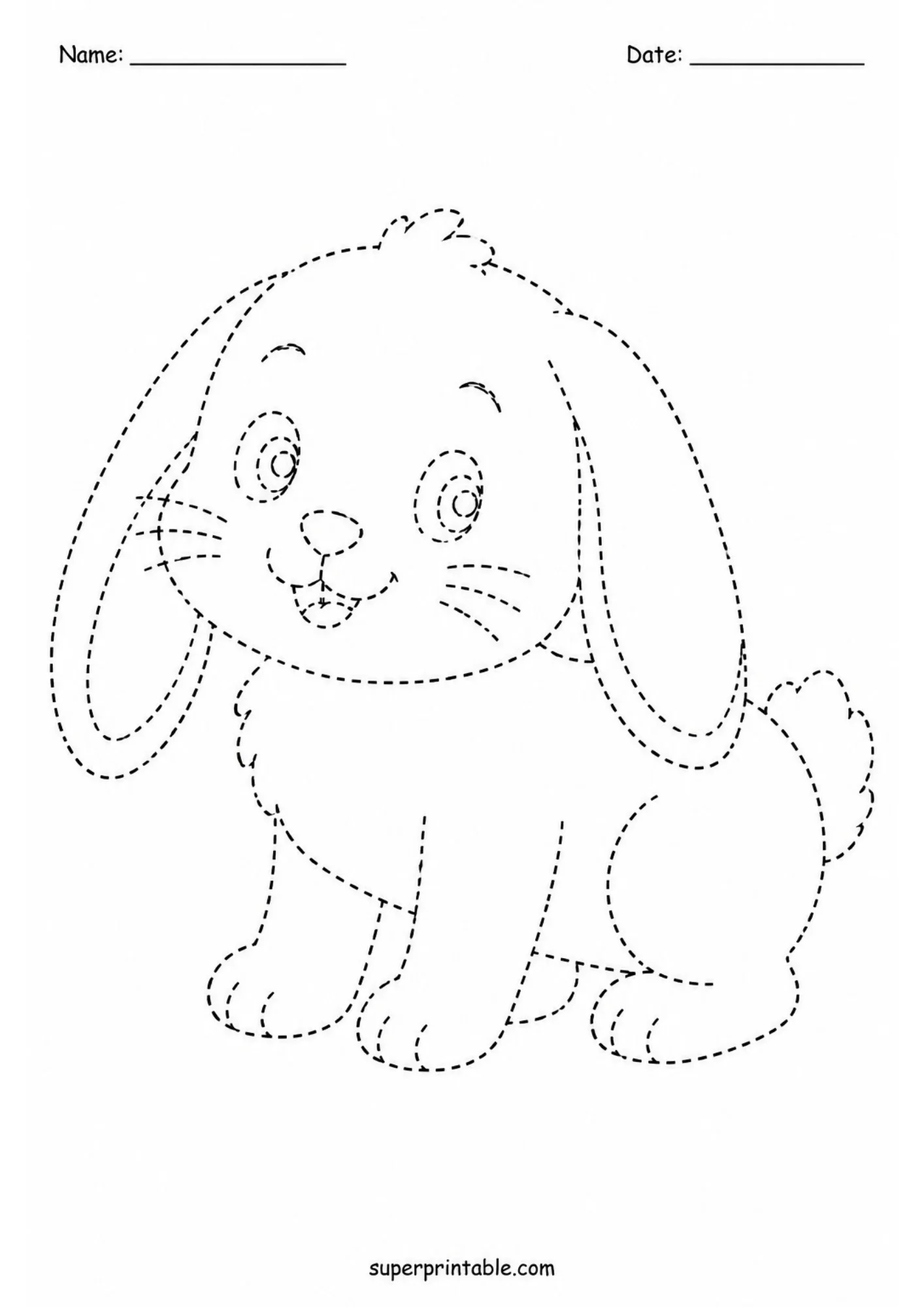 Line tracing worksheet of a smiling floppy-eared bunny standing on four paws in a side-profile view with dashed black outlines.
