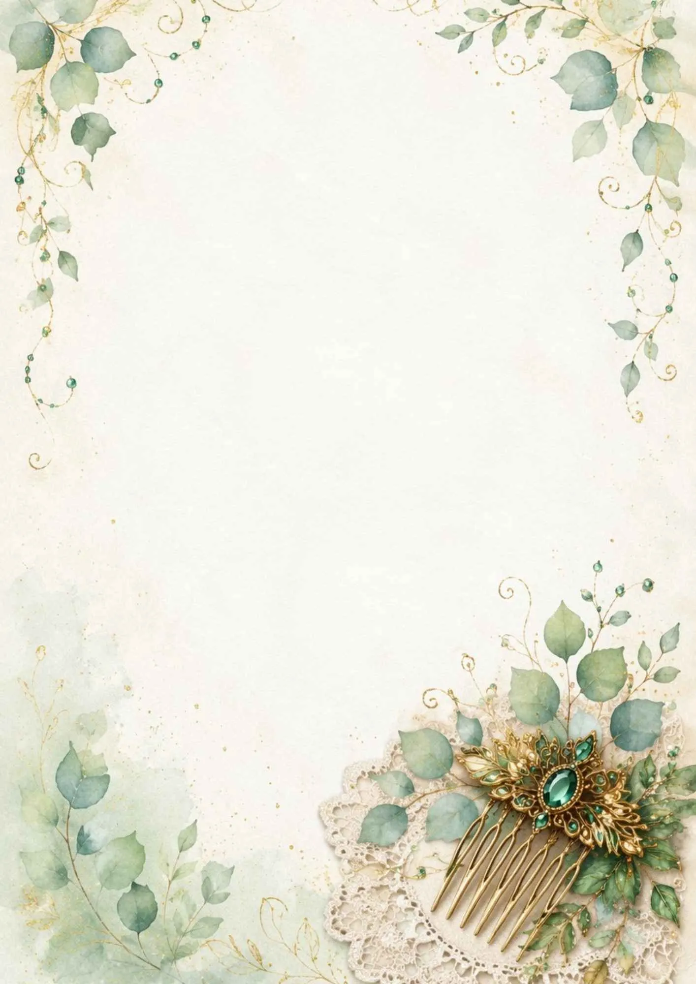 A romantic stationery page featuring a hair wreath made of watercolor white roses, baby's breath, and green leaves.