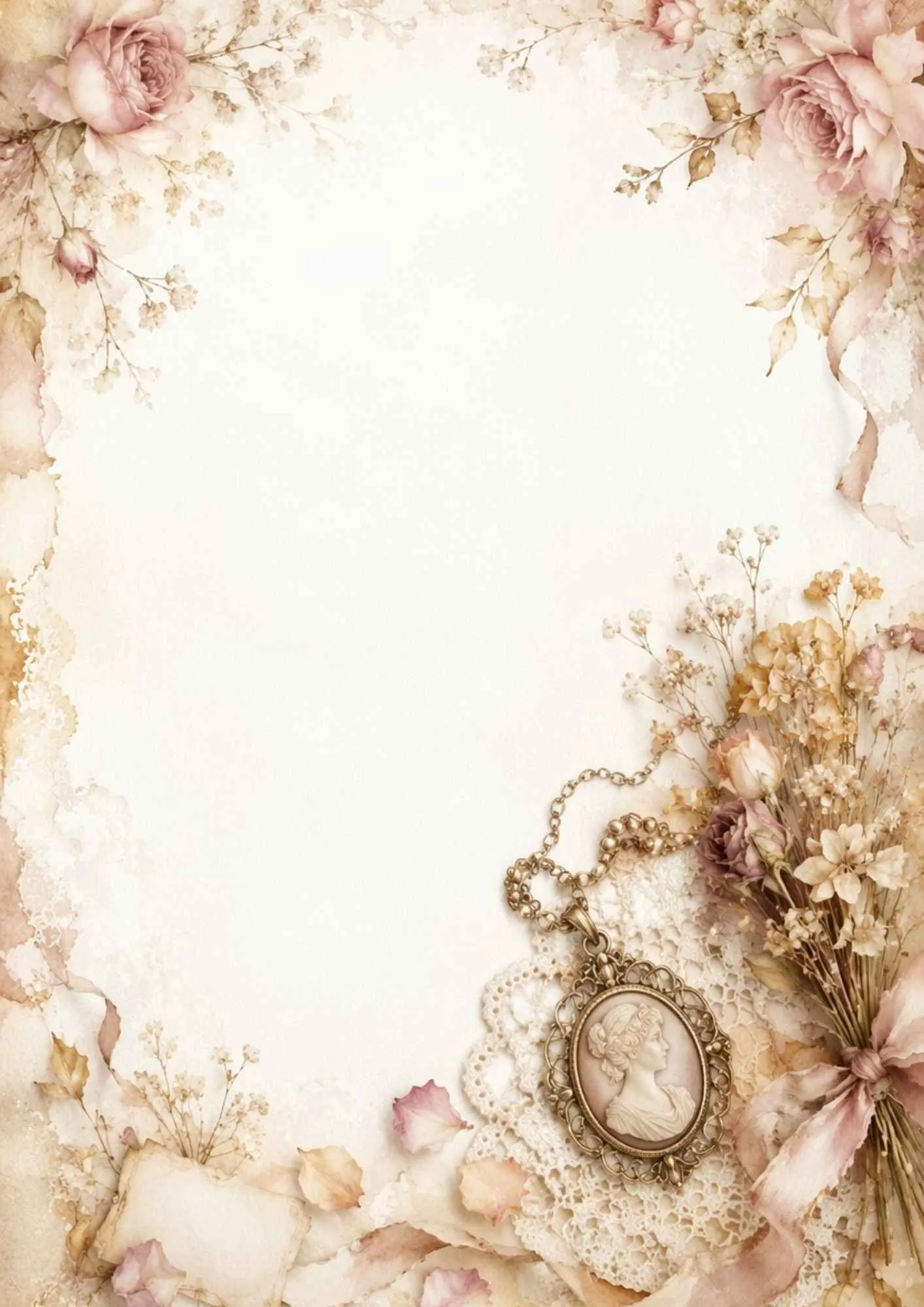 A rustic stationery page featuring a bronze floral medallion necklace on vintage envelope with dried flowers.